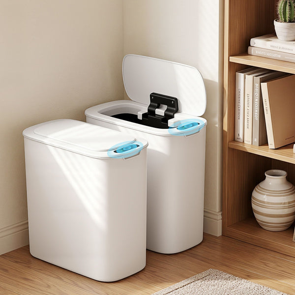 Devanti Automatic Trash Bin 2PCS with Lid 11L Motion Sensor Kitchen Bin Touchless Garbage Can Modern White Plastic Slim Rubbish Bin with Liner Holder for Kitchen, Home, Office Awezingly