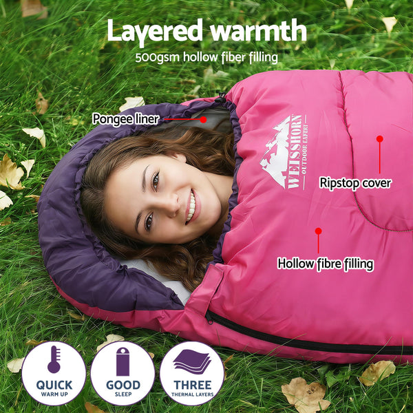 Weisshorn Sleeping Bag Single 213cm Thermal Camping Hiking Pink Awezingly
