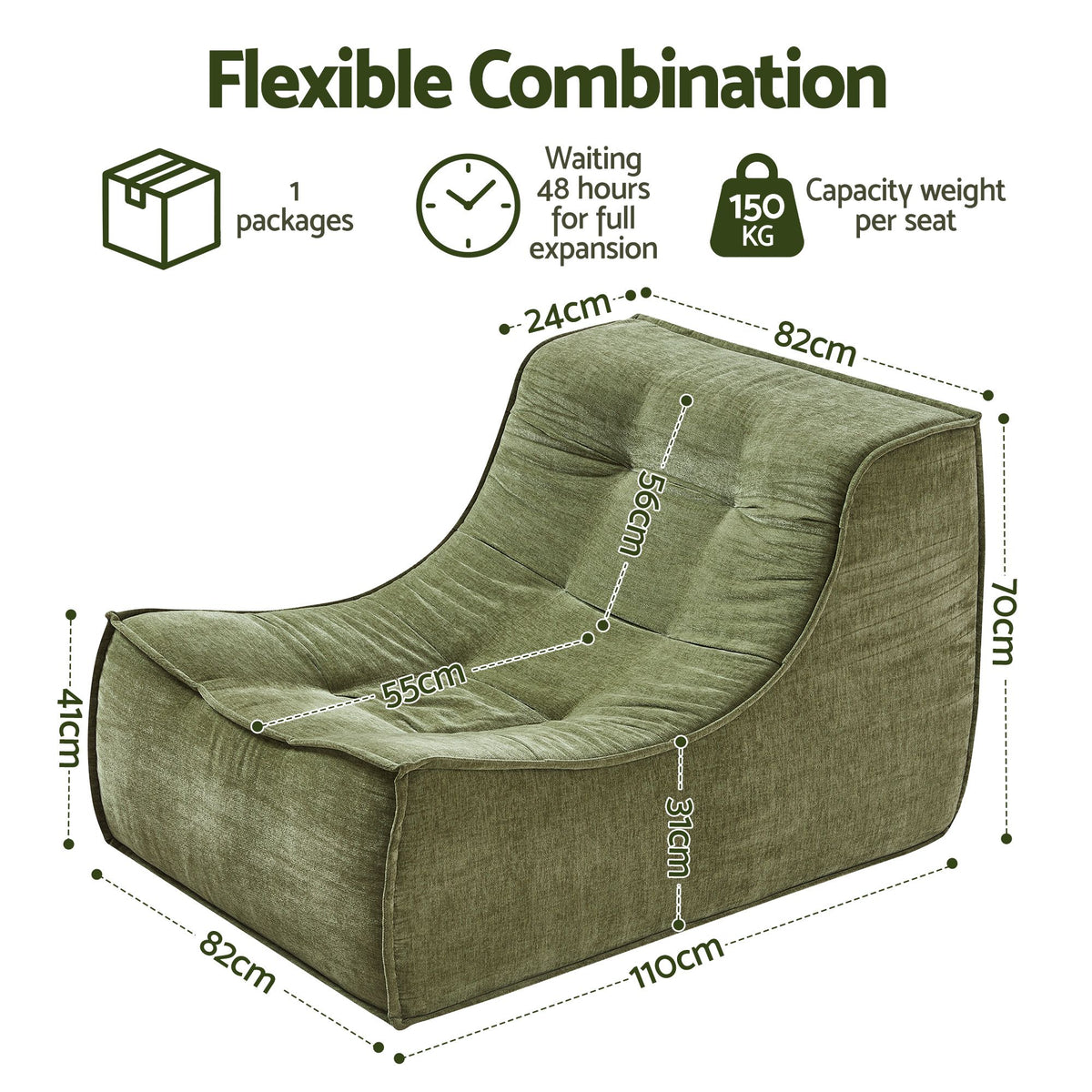 Artiss Sofa & Coffee Table Set Armless Chenille No Assembly Green White & Black Awezingly