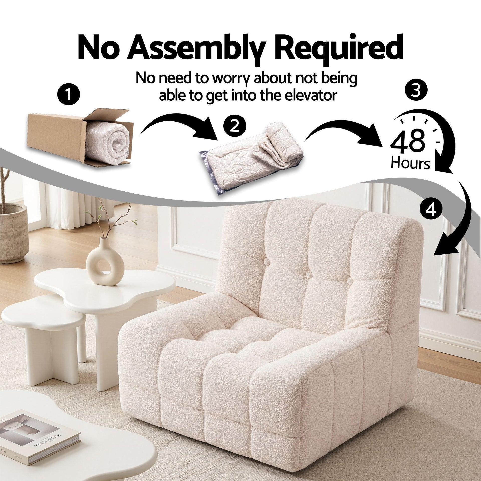 Artiss Single Boneless Sofa & Round End Table Set White Awezingly