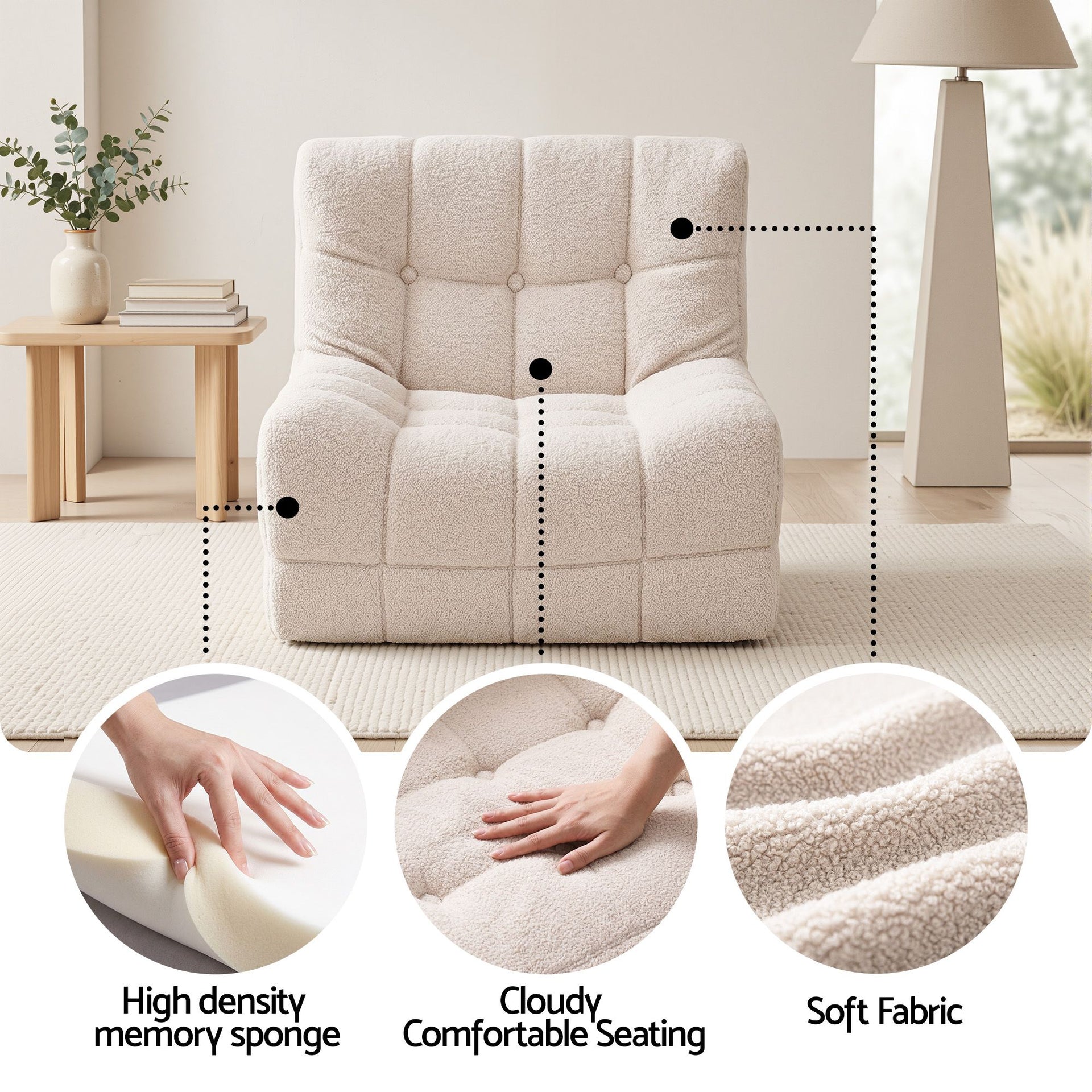 Artiss Single Boneless Sofa & Round End Table Set White Awezingly
