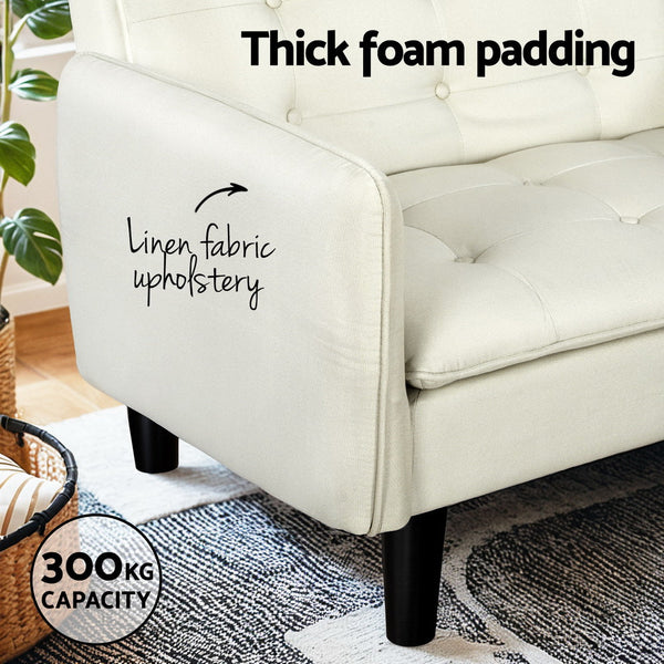 Artiss Sofa Bed 3 Seater Tufted Faux Linen Beige Artiss