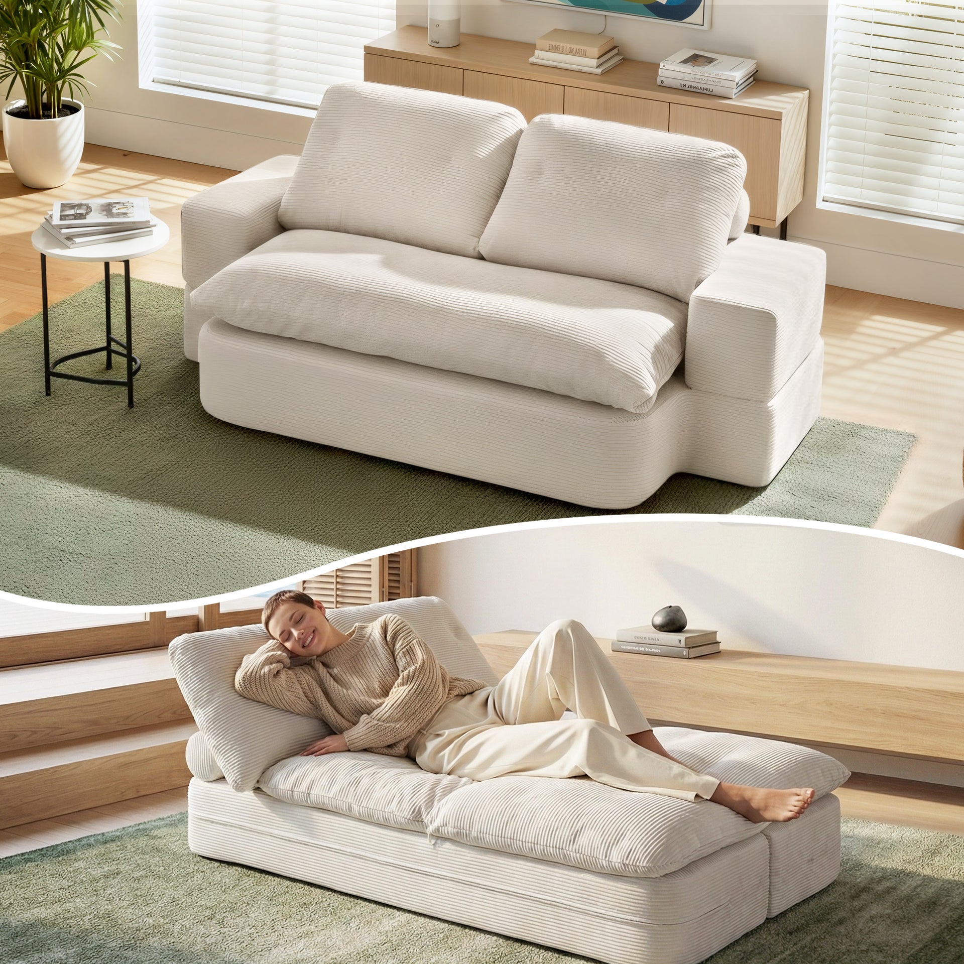 Artiss Convertible Folding Sofa Bed 30D High-Density Foam Boneless Couch with Corduroy Sleeper Couch Lounger for Living Room Beign Awezingly