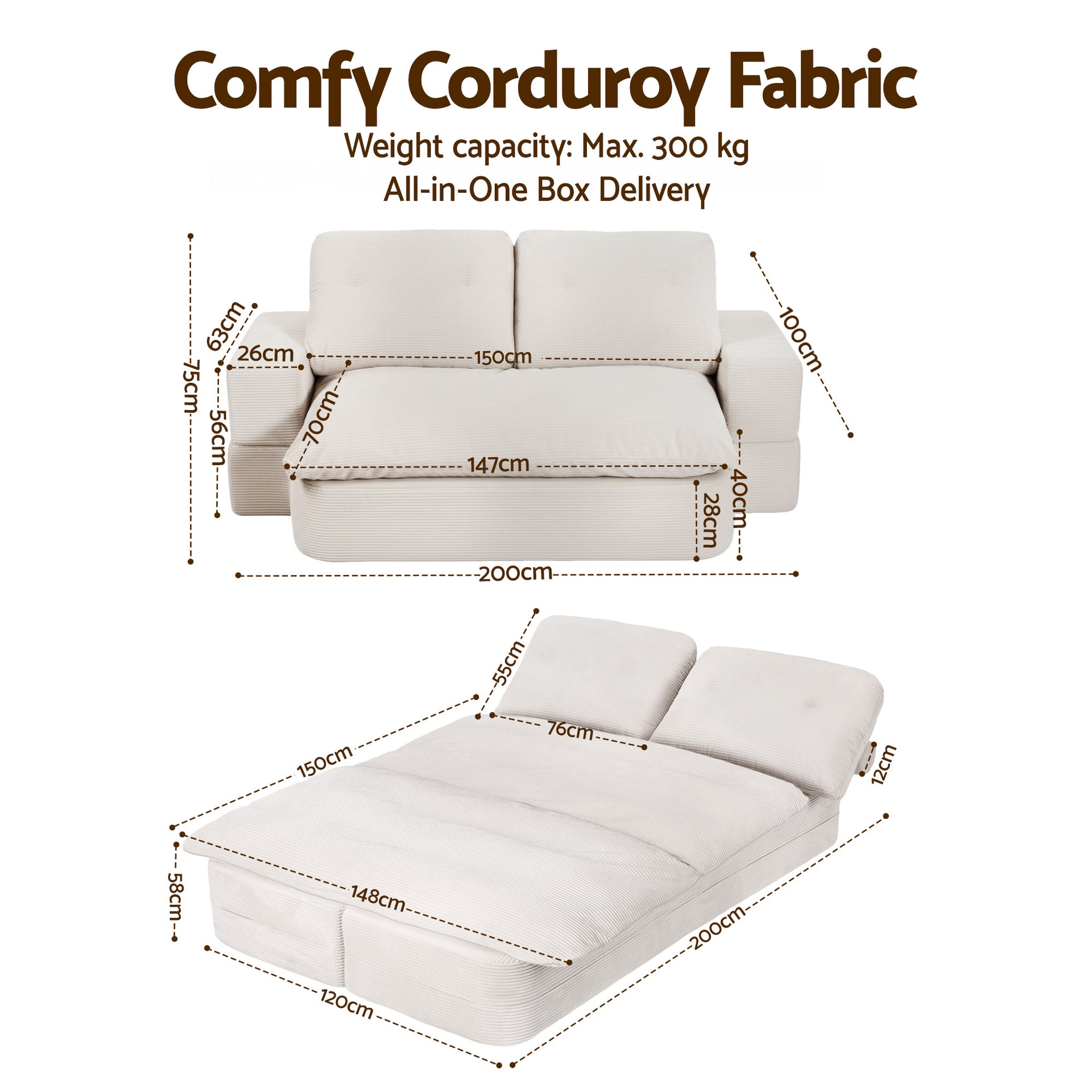 Artiss Convertible Folding Sofa Bed 30D High-Density Foam Boneless Couch with Corduroy Sleeper Couch Lounger for Living Room Beign Awezingly