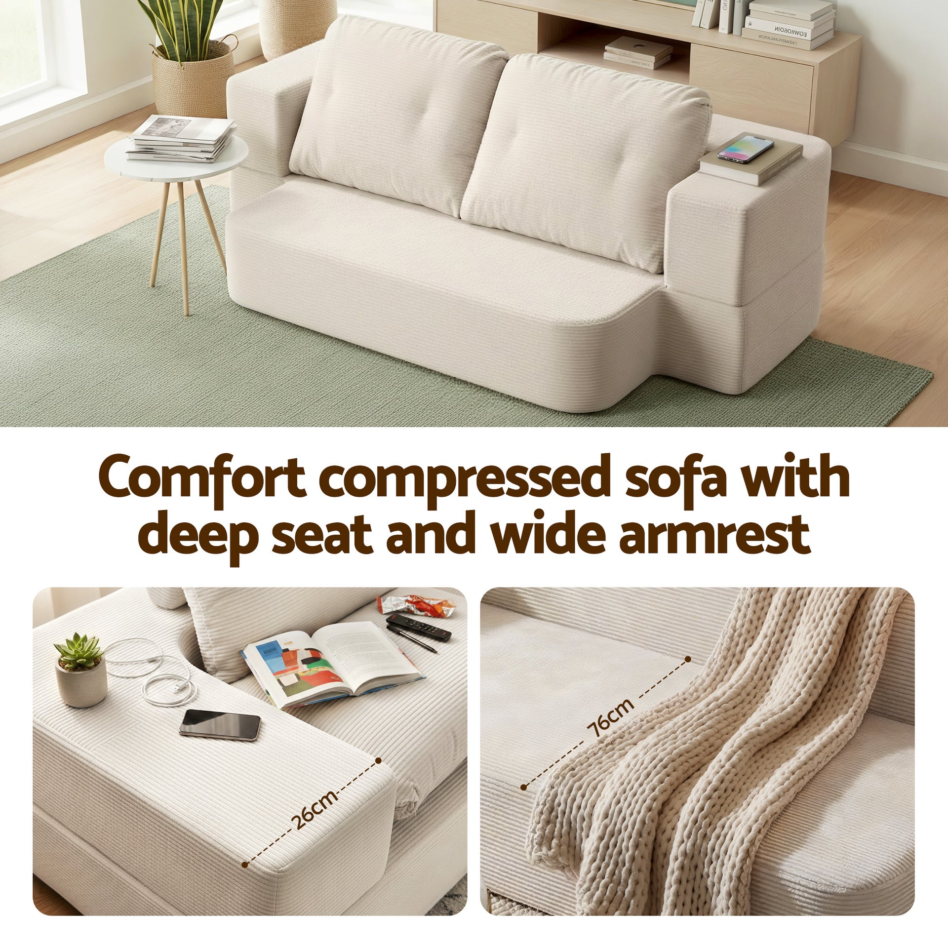 Artiss Convertible Folding Sofa Bed 30D High-Density Foam Boneless Couch with Corduroy Sleeper Couch Lounger for Living Room Beign Awezingly