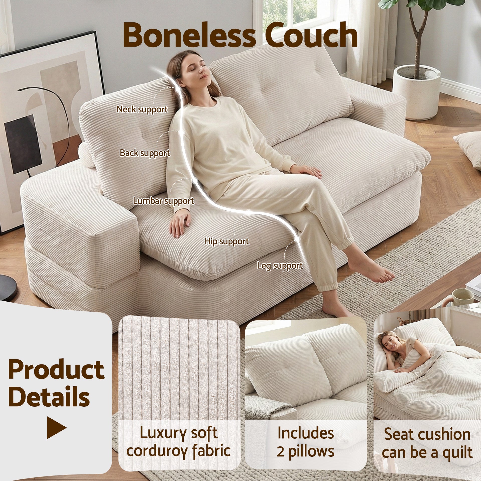 Artiss Convertible Folding Sofa Bed 30D High-Density Foam Boneless Couch with Corduroy Sleeper Couch Lounger for Living Room Beign Awezingly