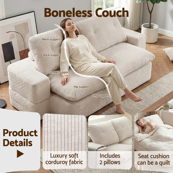 Artiss Convertible Folding Sofa Bed 30D High-Density Foam Boneless Couch with Corduroy Sleeper Couch Lounger for Living Room Beign Awezingly