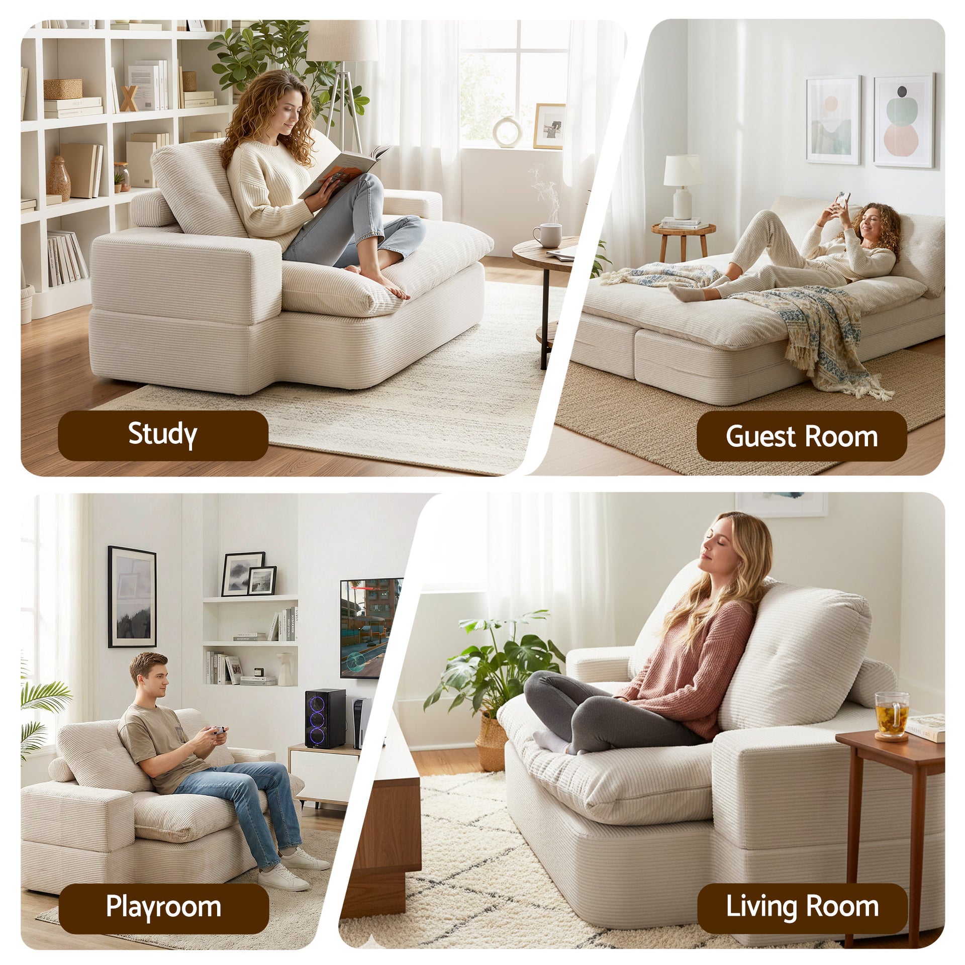 Artiss Convertible Folding Sofa Bed 30D High-Density Foam Boneless Couch with Corduroy Sleeper Couch Lounger for Living Room Beign Awezingly