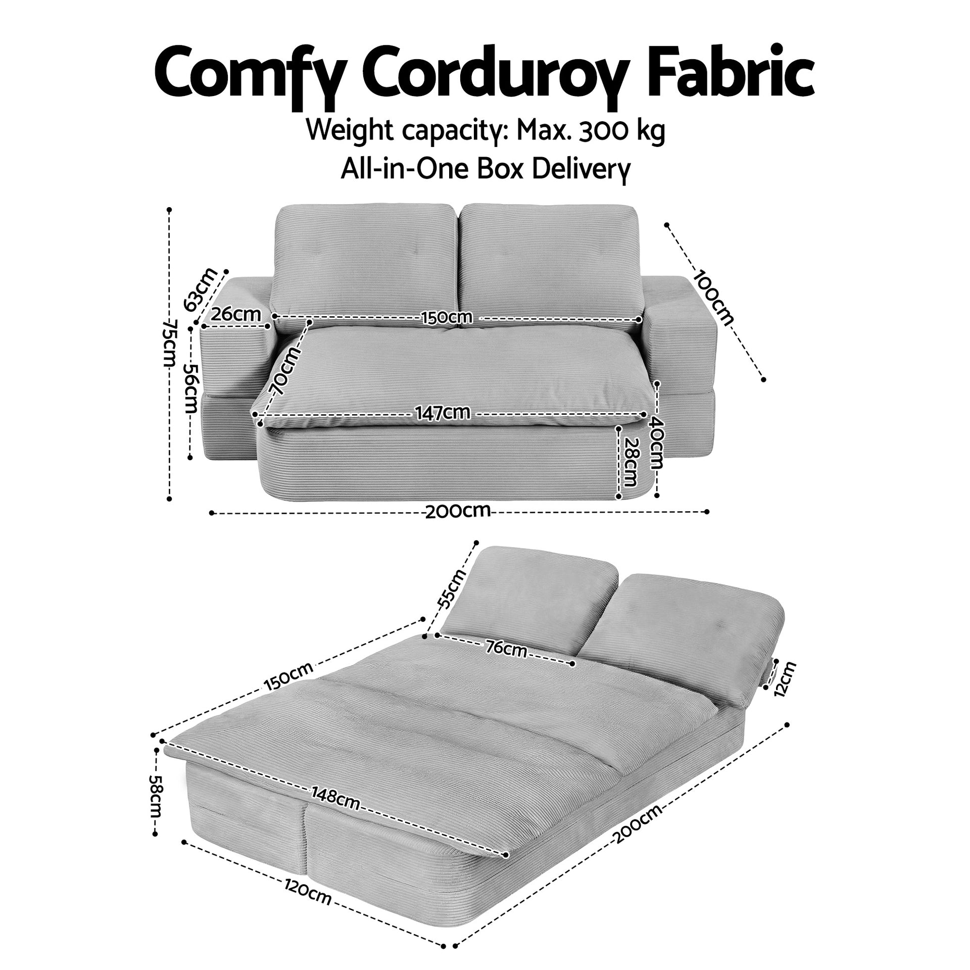 Artiss Convertible Folding Sofa Bed 30D High-Density Foam Boneless Couch with Corduroy Sleeper Couch Lounger for Living Room Grey Awezingly