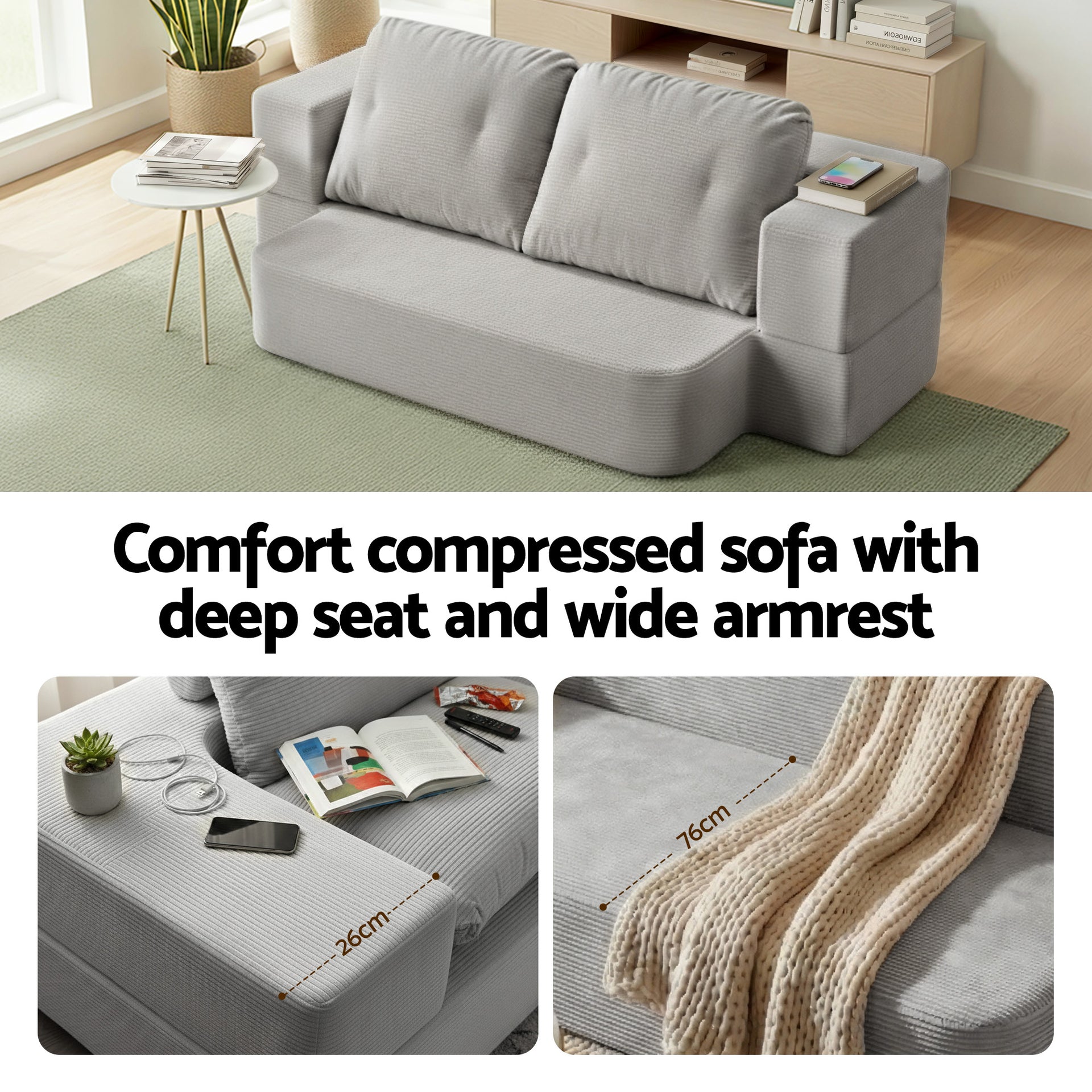 Artiss Convertible Folding Sofa Bed 30D High-Density Foam Boneless Couch with Corduroy Sleeper Couch Lounger for Living Room Grey Awezingly