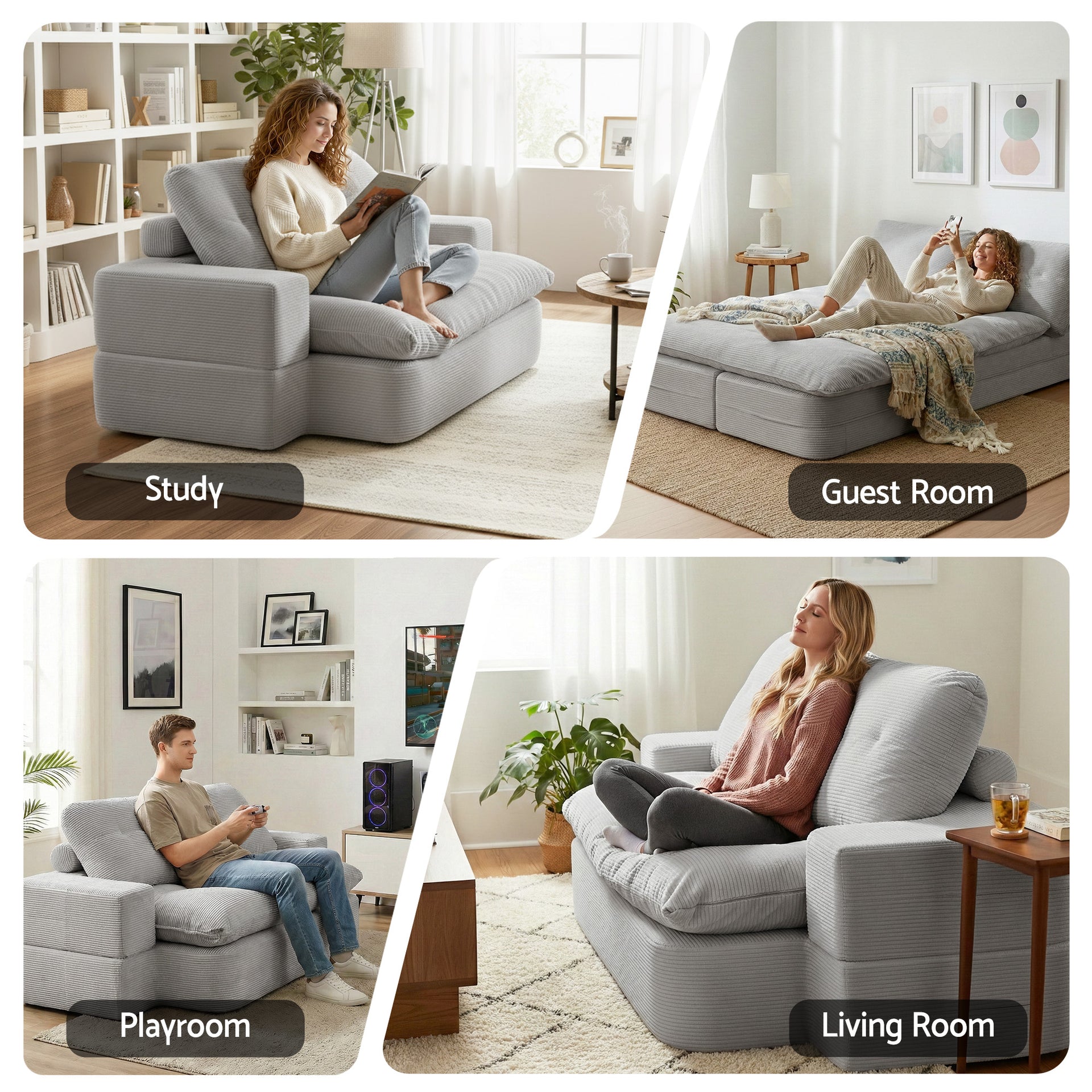 Artiss Convertible Folding Sofa Bed 30D High-Density Foam Boneless Couch with Corduroy Sleeper Couch Lounger for Living Room Grey Awezingly