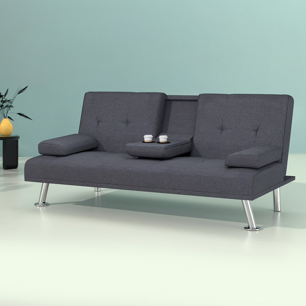 Artiss Linen Fabric 3 Seater Sofa Bed Recliner Lounge Couch Cup Holder Futon Dark Grey Artiss