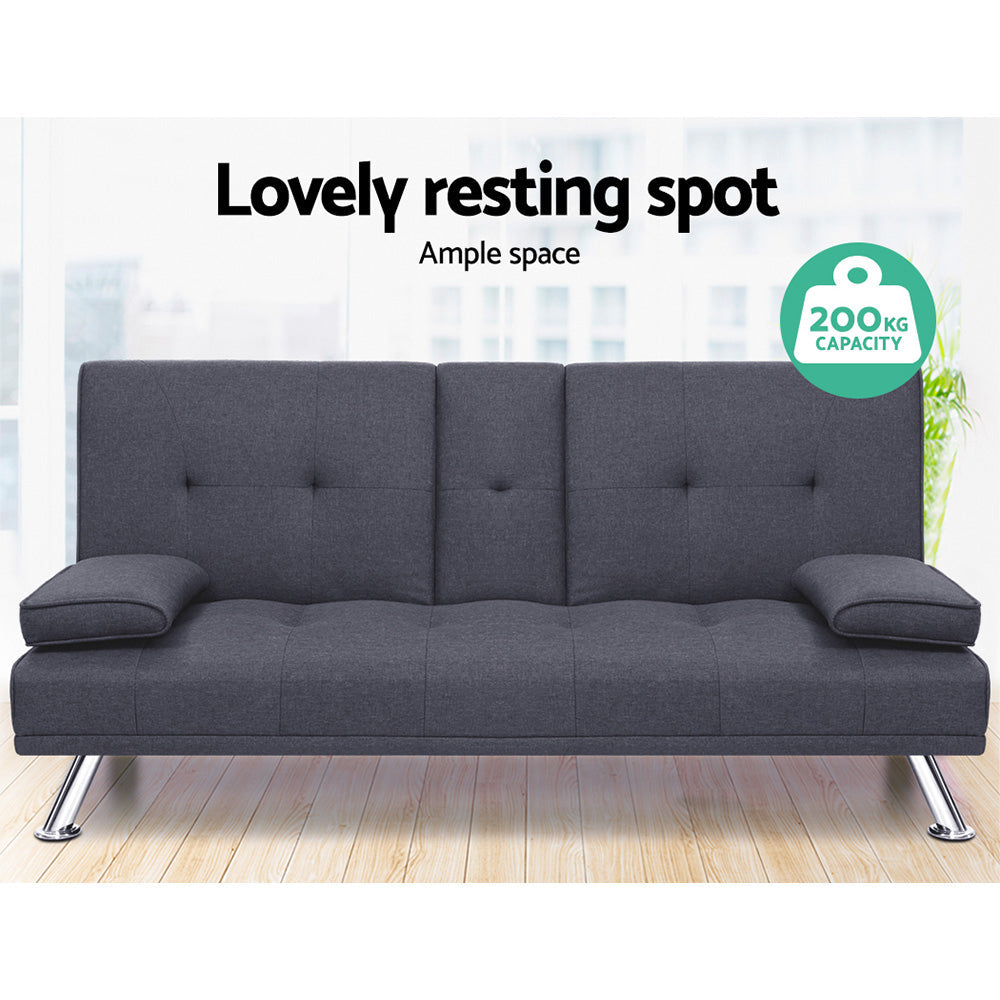 Artiss Linen Fabric 3 Seater Sofa Bed Recliner Lounge Couch Cup Holder Futon Dark Grey Artiss