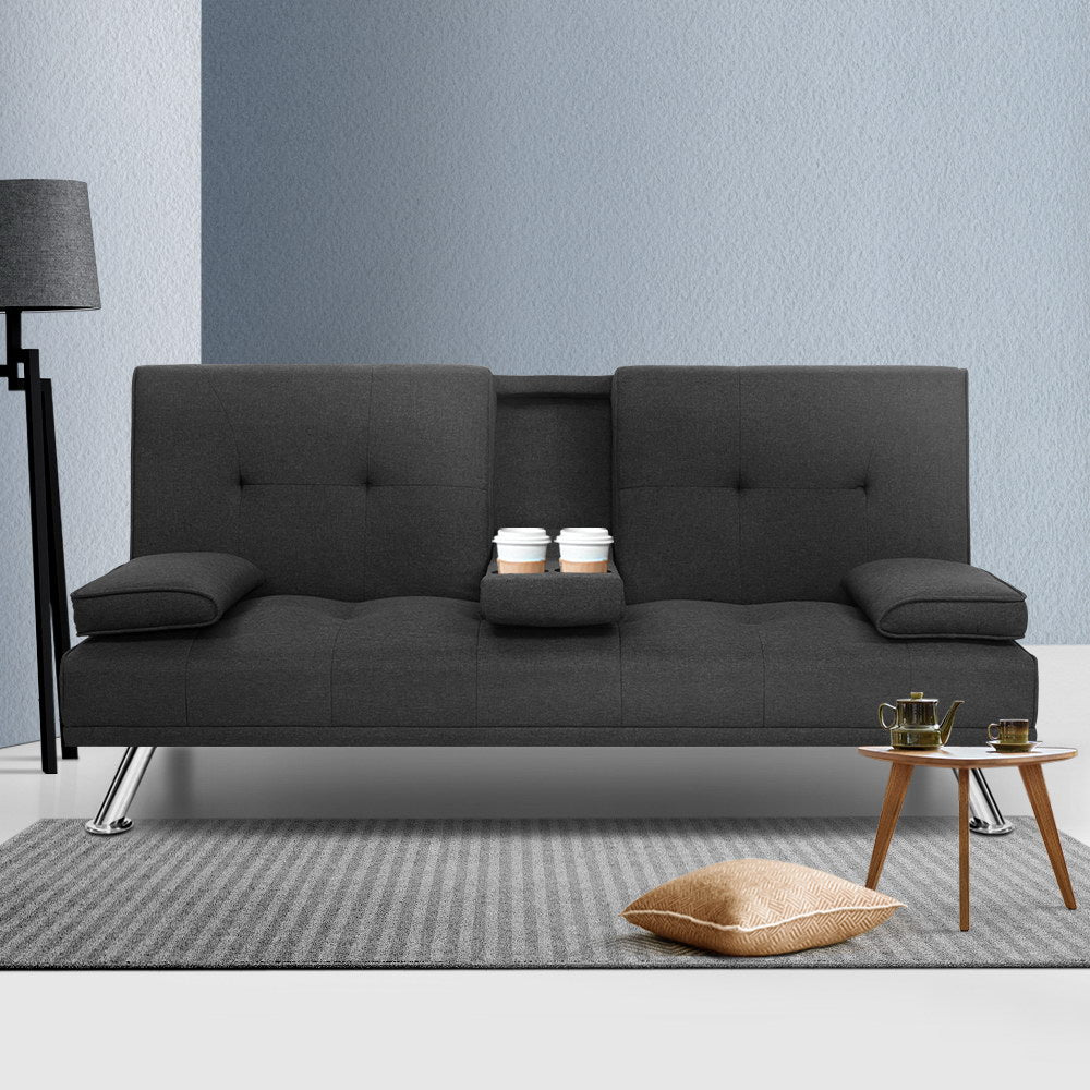 Artiss Linen Fabric 3 Seater Sofa Bed Recliner Lounge Couch Cup Holder Futon Dark Grey Artiss