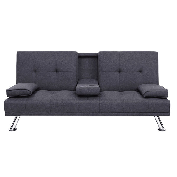 Artiss Linen Fabric 3 Seater Sofa Bed Recliner Lounge Couch Cup Holder Futon Dark Grey Artiss