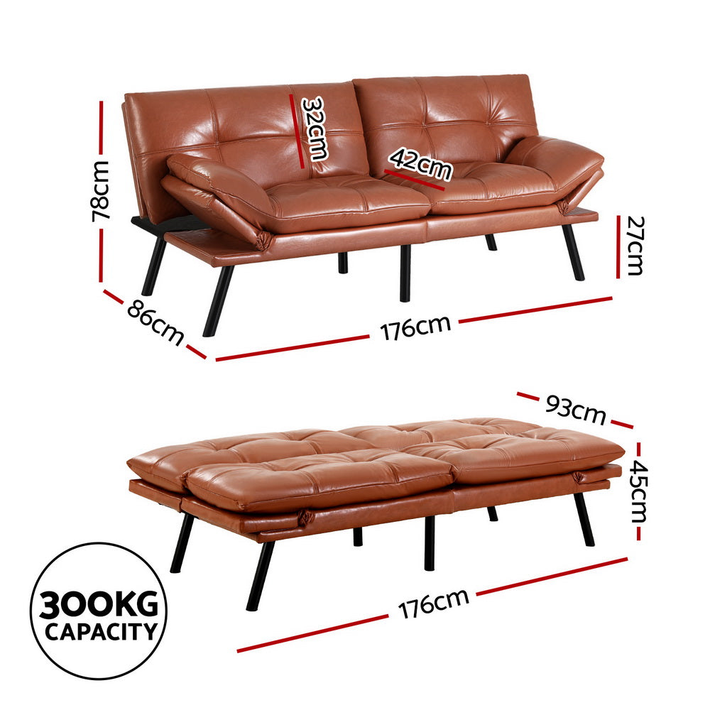 Artiss Sofa Bed Convertible 3 Seater Couch Recliner Lounge Chair Leather Brown Artiss
