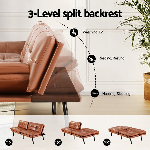 Artiss Sofa Bed Convertible 3 Seater Couch Recliner Lounge Chair Leather Brown Artiss