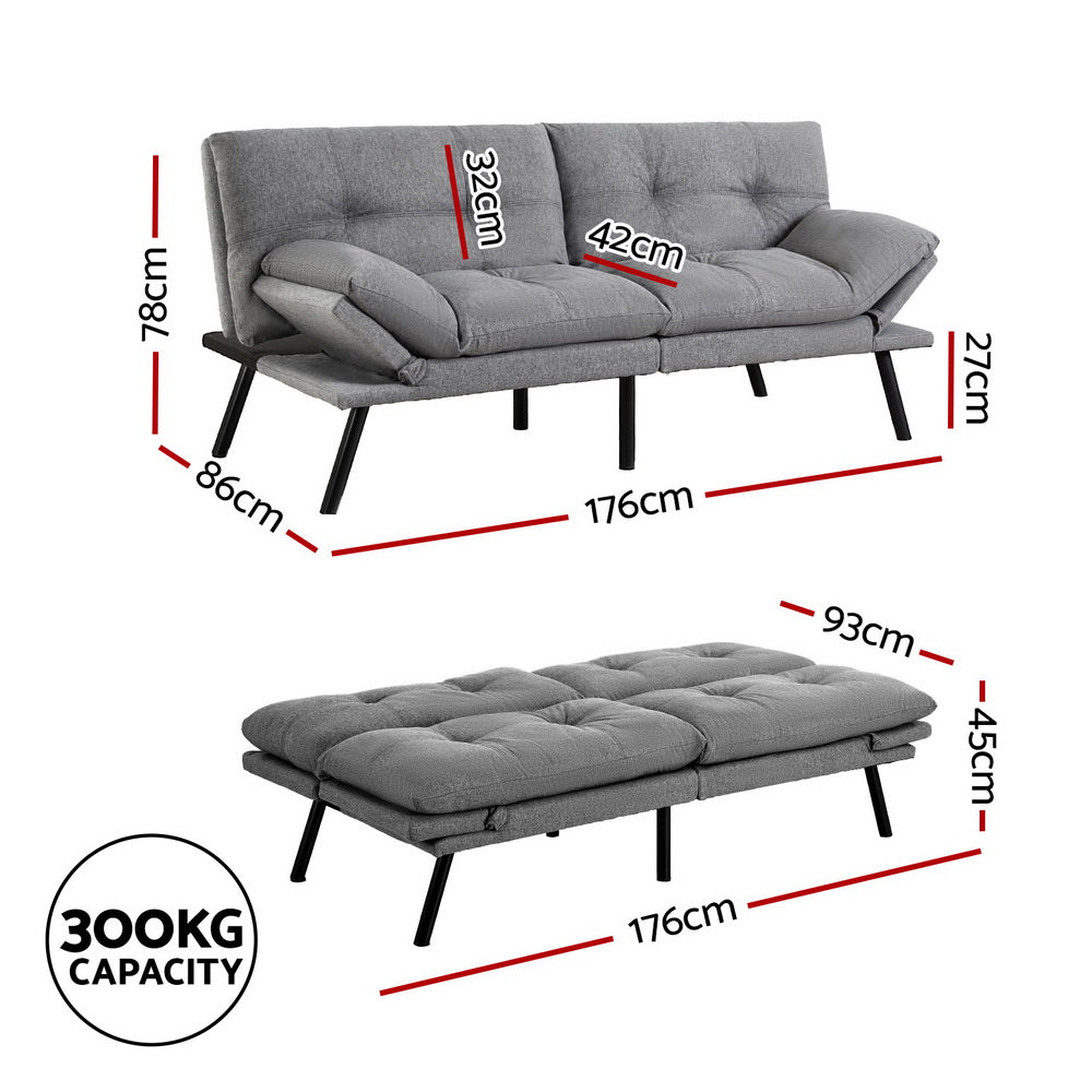 Artiss Sofa Bed Convertible 3 Seater Couch Recliner Lounge Chair Fabric Grey Artiss