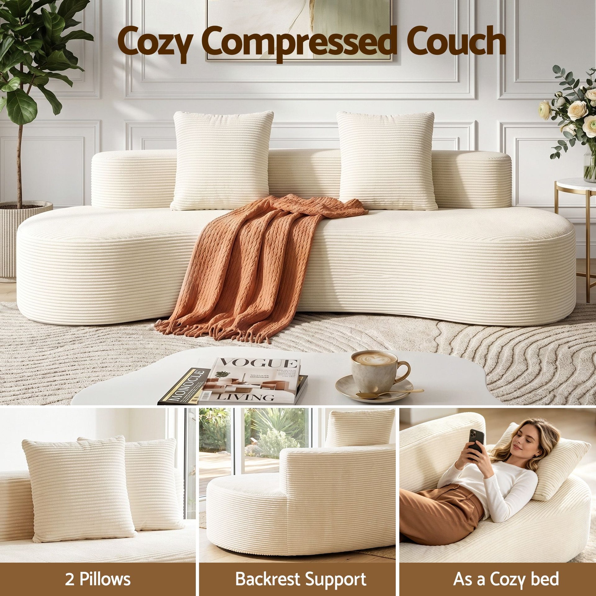 Artiss 228cm Modular Sofa Bed Sectional Boneless Couches for Living Room No Assembly Required Awezingly