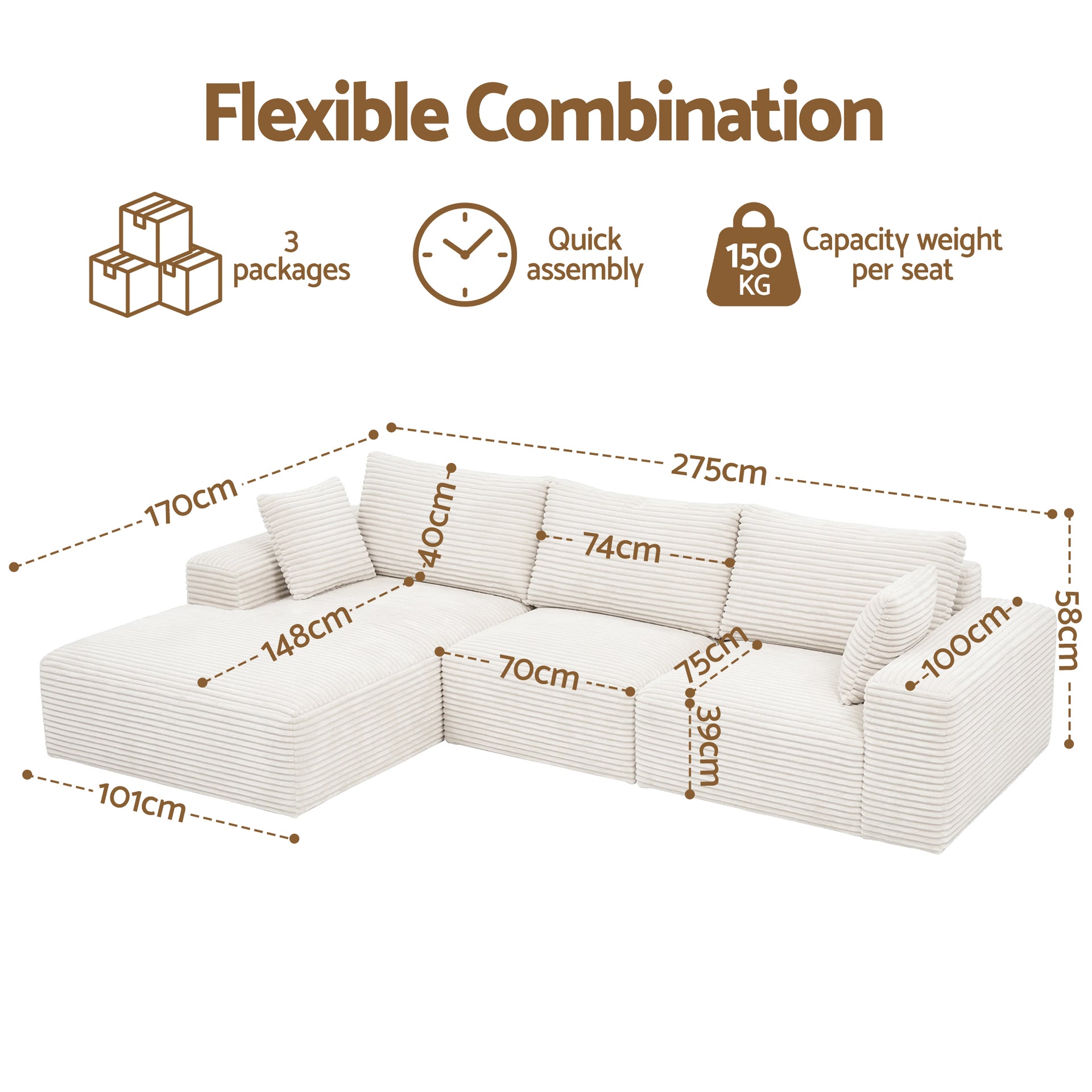 Artiss 3 Seater Modular Sofa Bed Sectional Boneless Couches for Living Room Corduroy Compressed Sofa White Awezingly