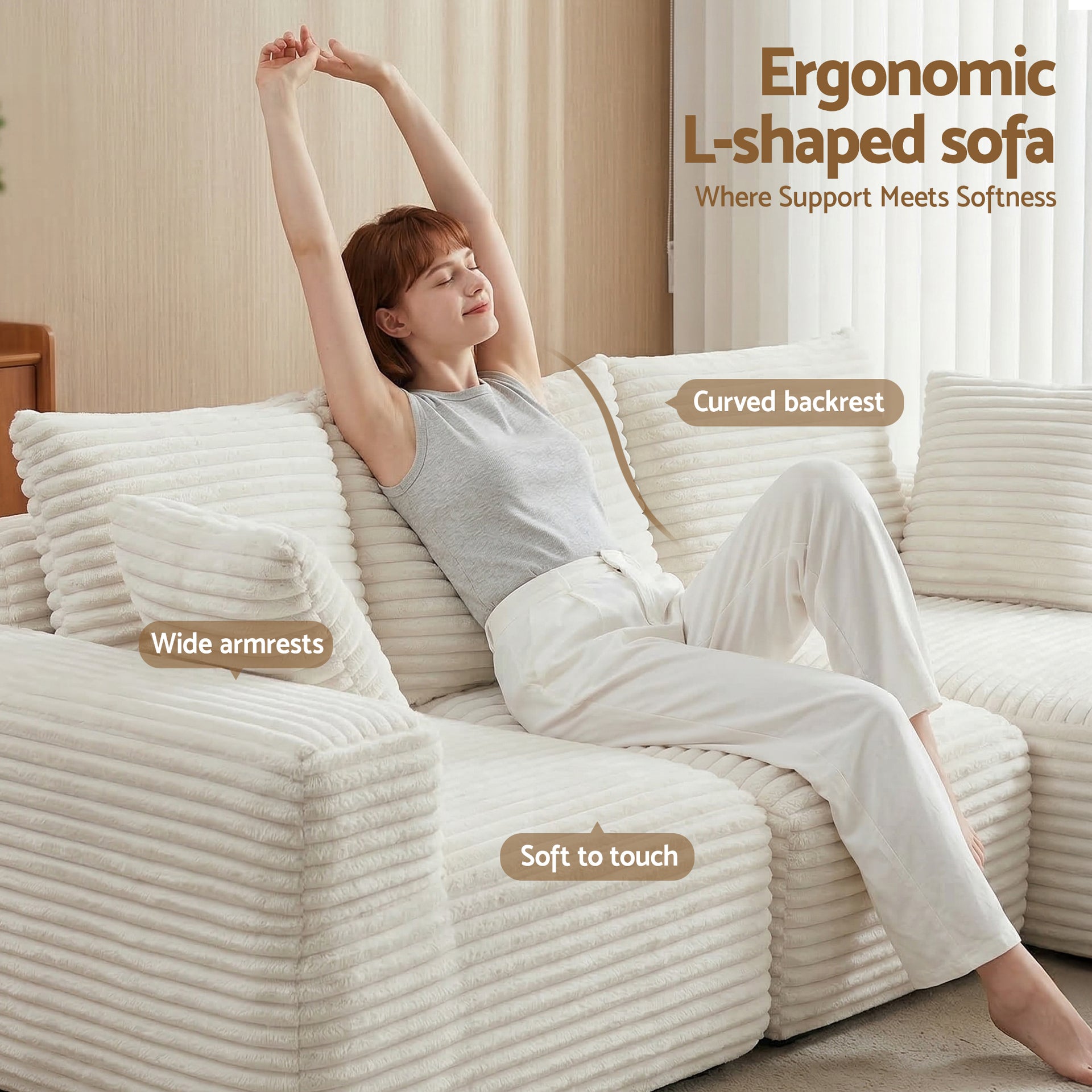 Artiss 3 Seater Modular Sofa Bed Sectional Boneless Couches for Living Room Corduroy Compressed Sofa White Awezingly