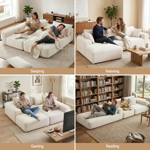 Artiss 3 Seater Modular Sofa Bed Sectional Boneless Couches for Living Room Corduroy Compressed Sofa White Awezingly
