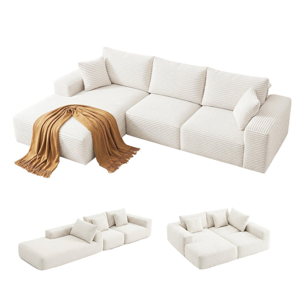 Artiss 3 Seater Modular Sofa Bed Sectional Boneless Couches for Living Room Corduroy Compressed Sofa White Awezingly