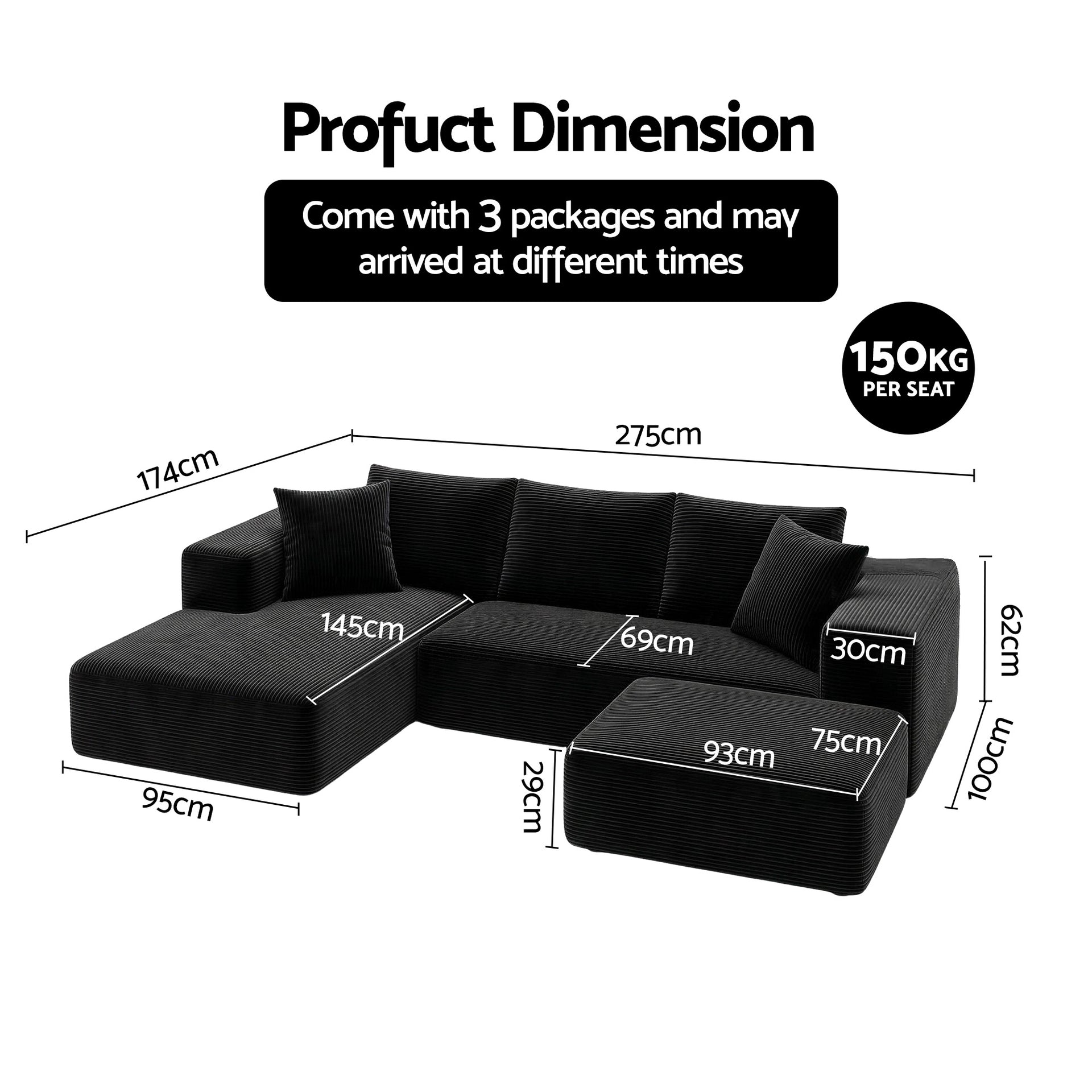 Artiss Modular Sofa Bed with Ottoman Sectional Boneless Couches for Living Room Corduroy Compressed Sofa Black Awezingly