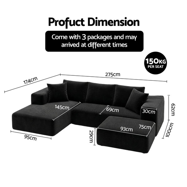 Artiss Modular Sofa Bed with Ottoman Sectional Boneless Couches for Living Room Corduroy Compressed Sofa Black Awezingly