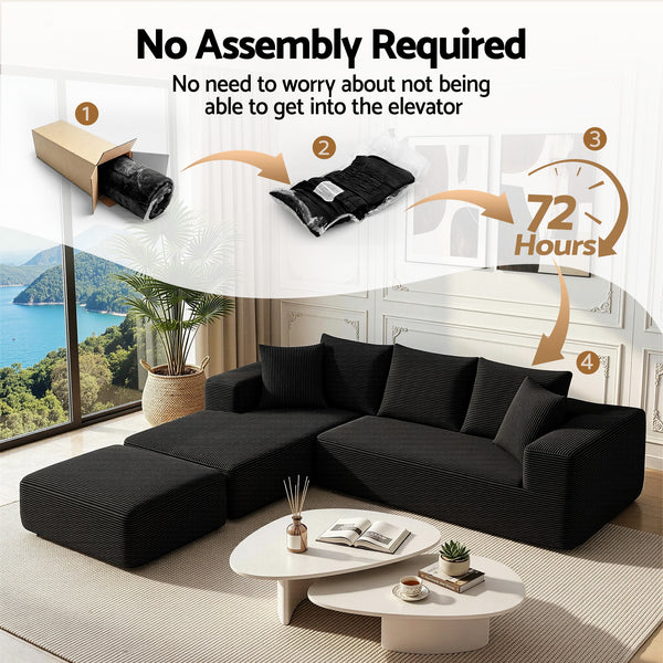 Artiss Modular Sofa Bed with Ottoman Sectional Boneless Couches for Living Room Corduroy Compressed Sofa Black Awezingly