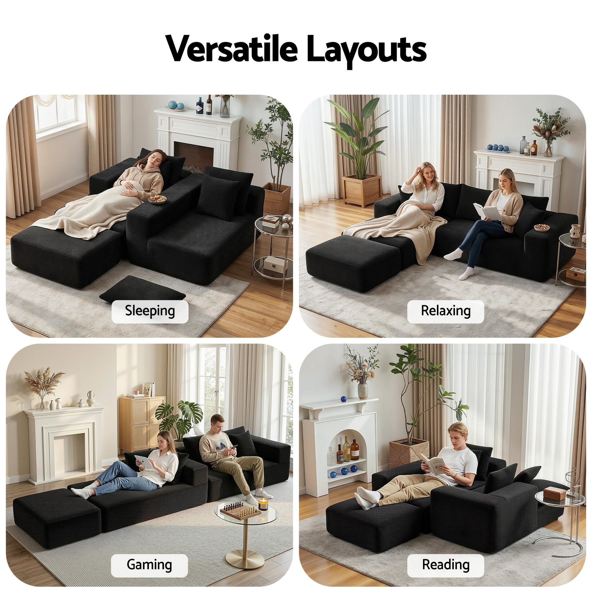 Artiss Modular Sofa Bed with Ottoman Sectional Boneless Couches for Living Room Corduroy Compressed Sofa Black Awezingly