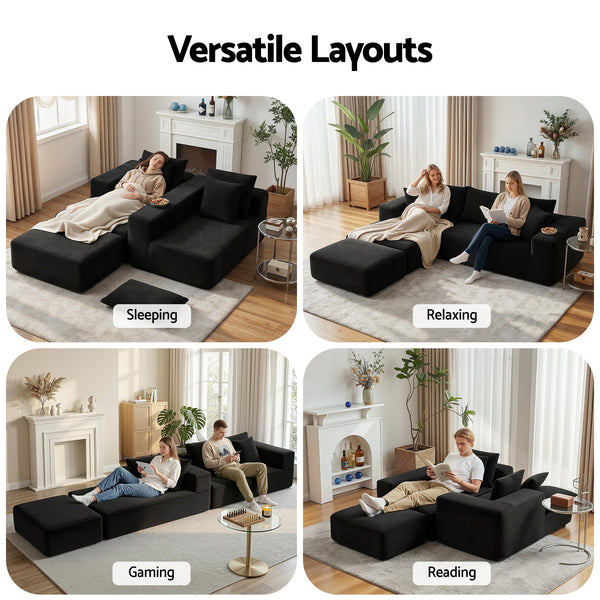 Artiss Modular Sofa Bed with Ottoman Sectional Boneless Couches for Living Room Corduroy Compressed Sofa Black Awezingly