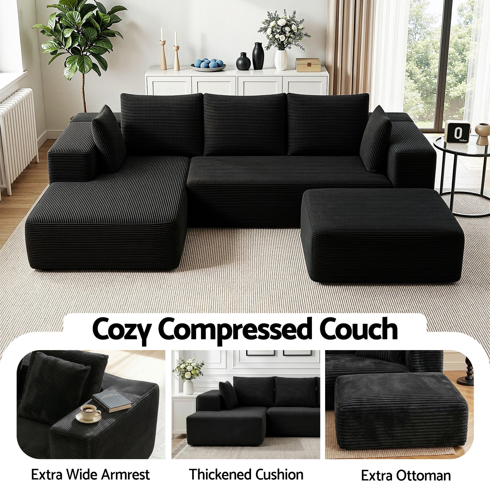 Artiss Modular Sofa Bed with Ottoman Sectional Boneless Couches for Living Room Corduroy Compressed Sofa Black Awezingly