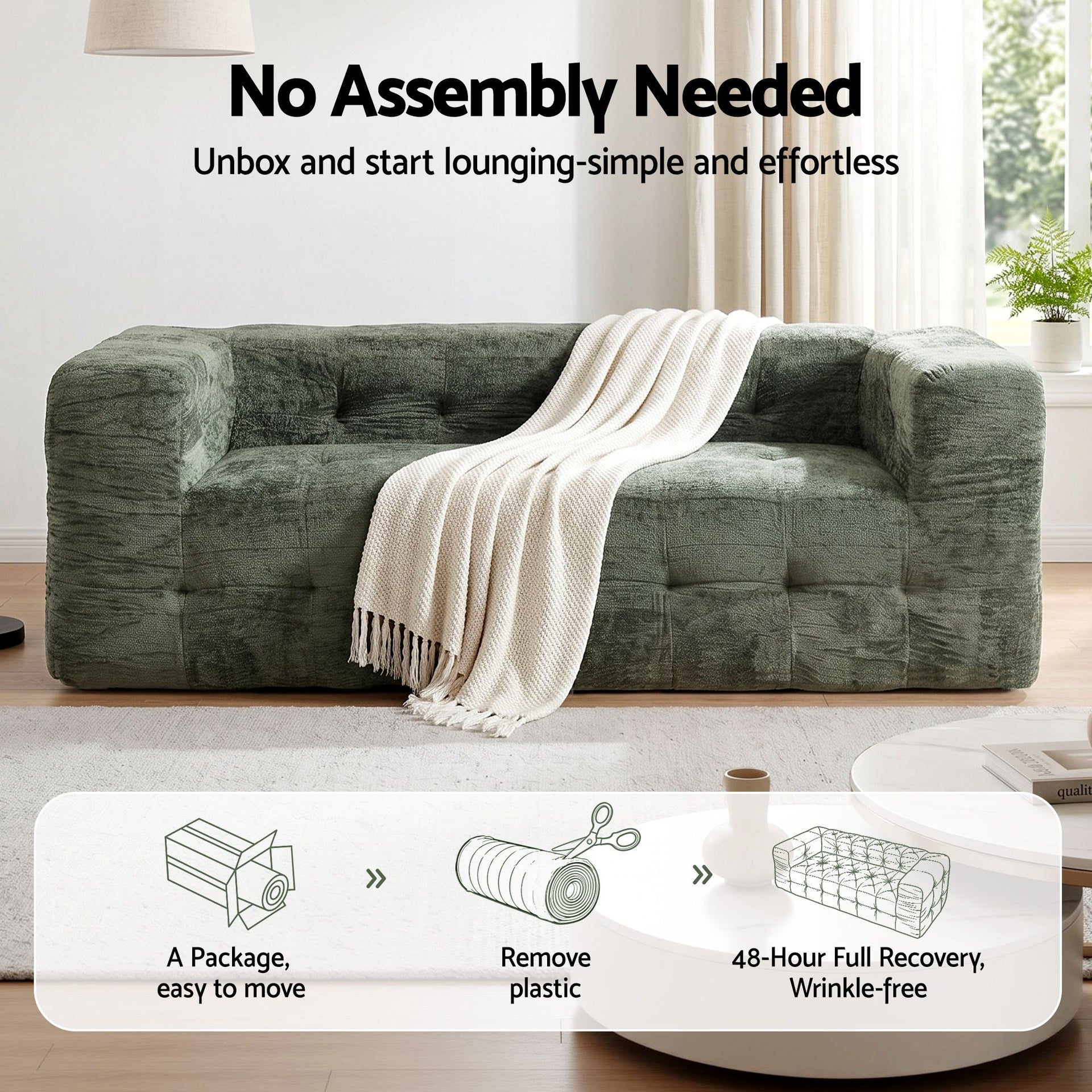 Artiss Comfort Boneless Sofa for Living Room Green Luxury Chenille Awezingly