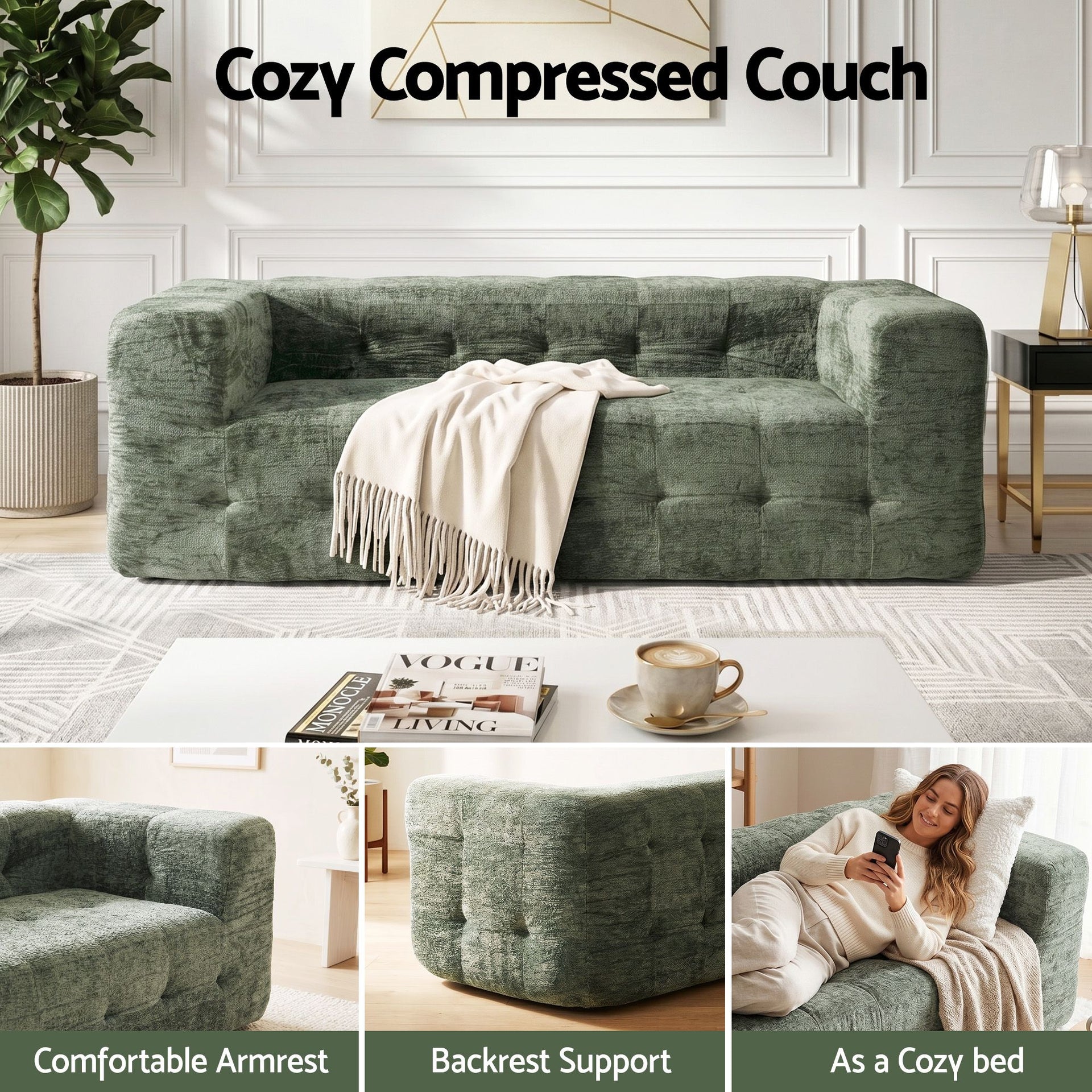 Artiss Comfort Boneless Sofa for Living Room Green Luxury Chenille Awezingly