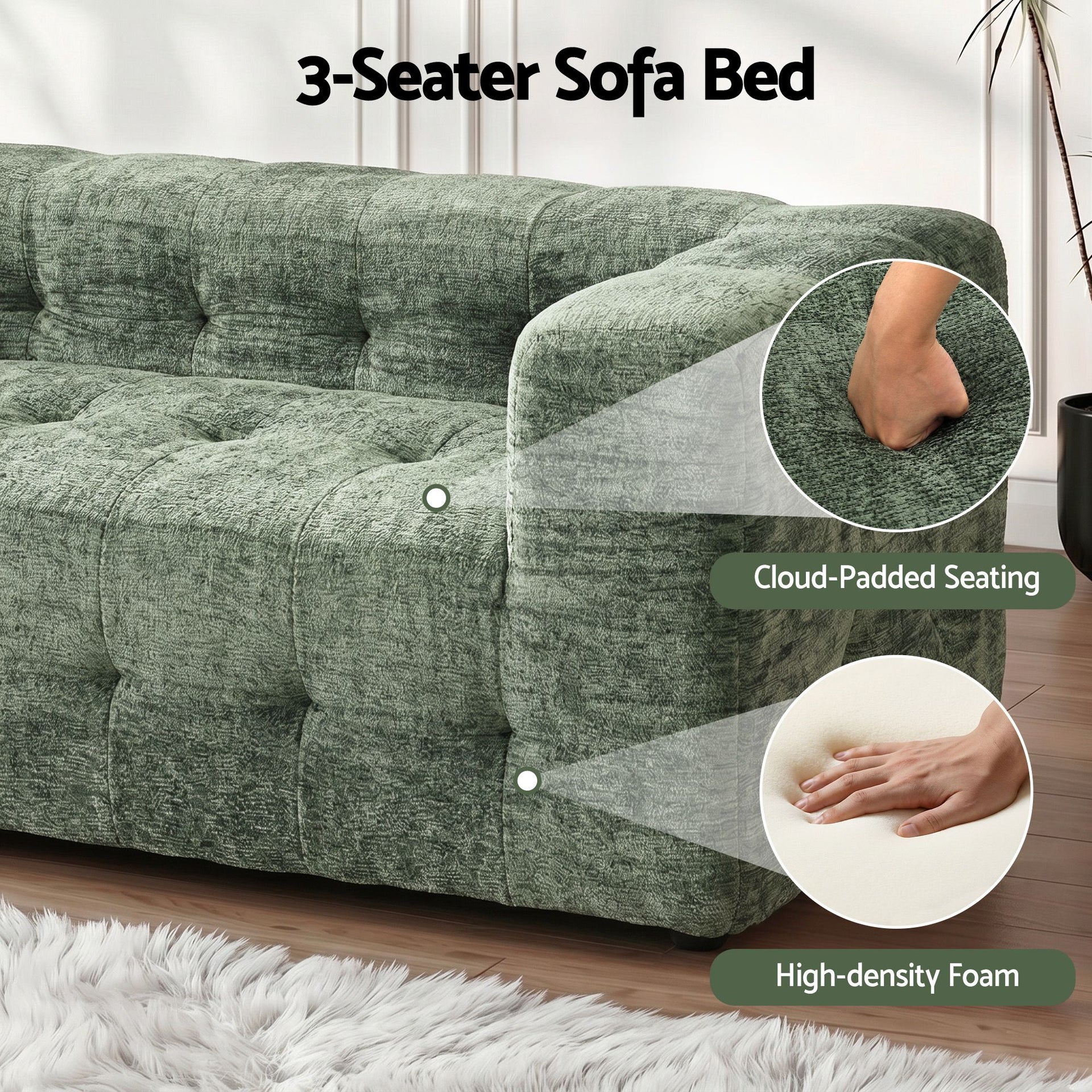 Artiss Comfort Boneless Sofa for Living Room Green Luxury Chenille Awezingly