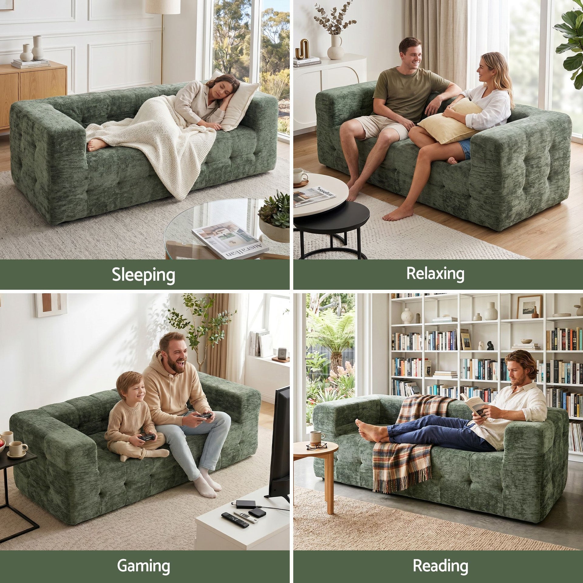 Artiss Comfort Boneless Sofa for Living Room Green Luxury Chenille Awezingly
