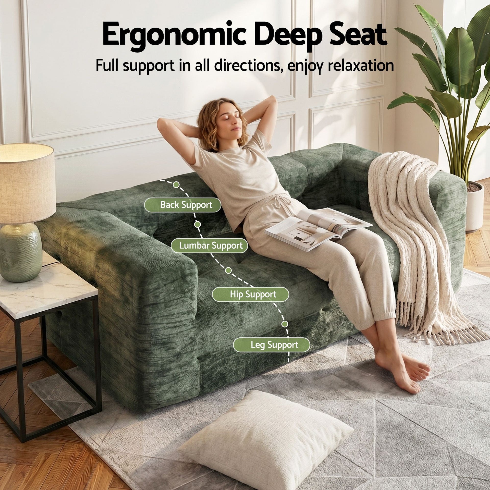 Artiss Comfort Boneless Sofa for Living Room Green Luxury Chenille Awezingly
