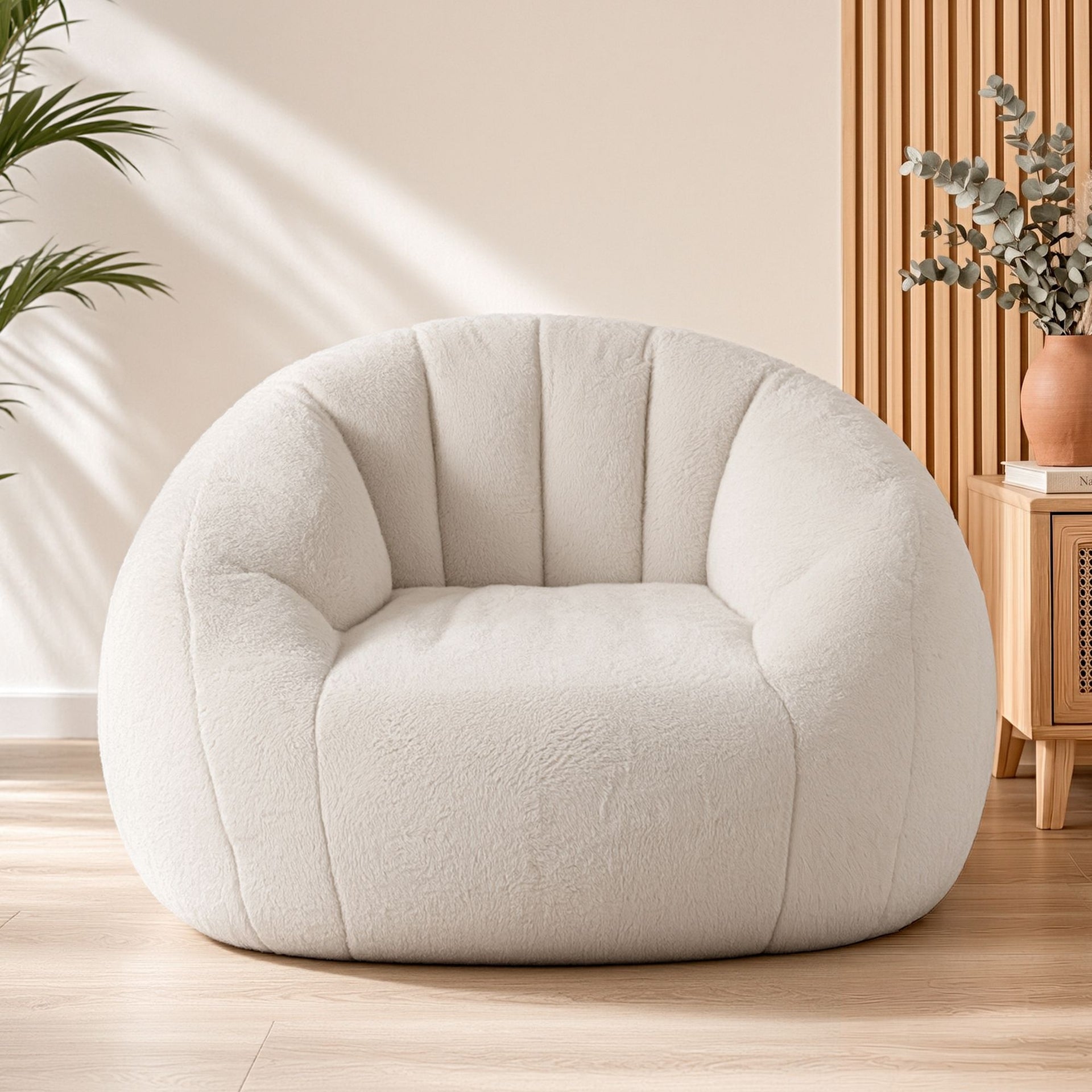 Artiss Single Small Boneless Couch Comfy Bean Bag for Living Room Faux Fur White Awezingly