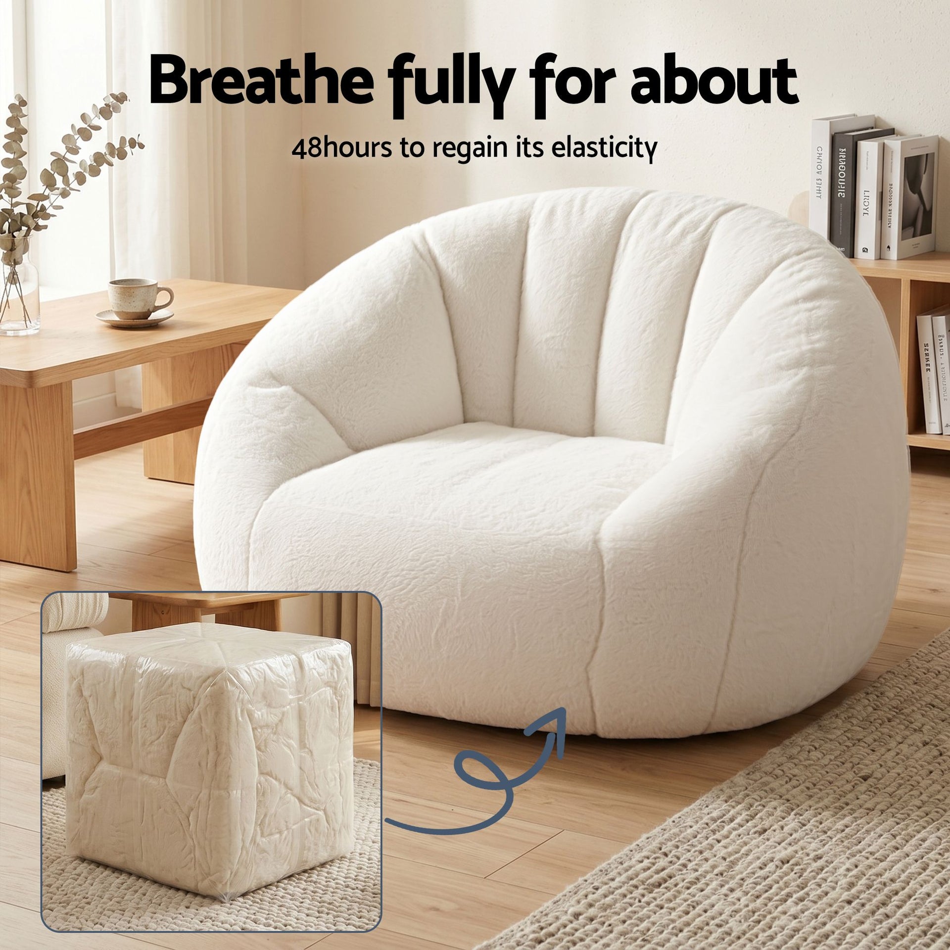 Artiss Single Small Boneless Couch Comfy Bean Bag for Living Room Faux Fur White Awezingly
