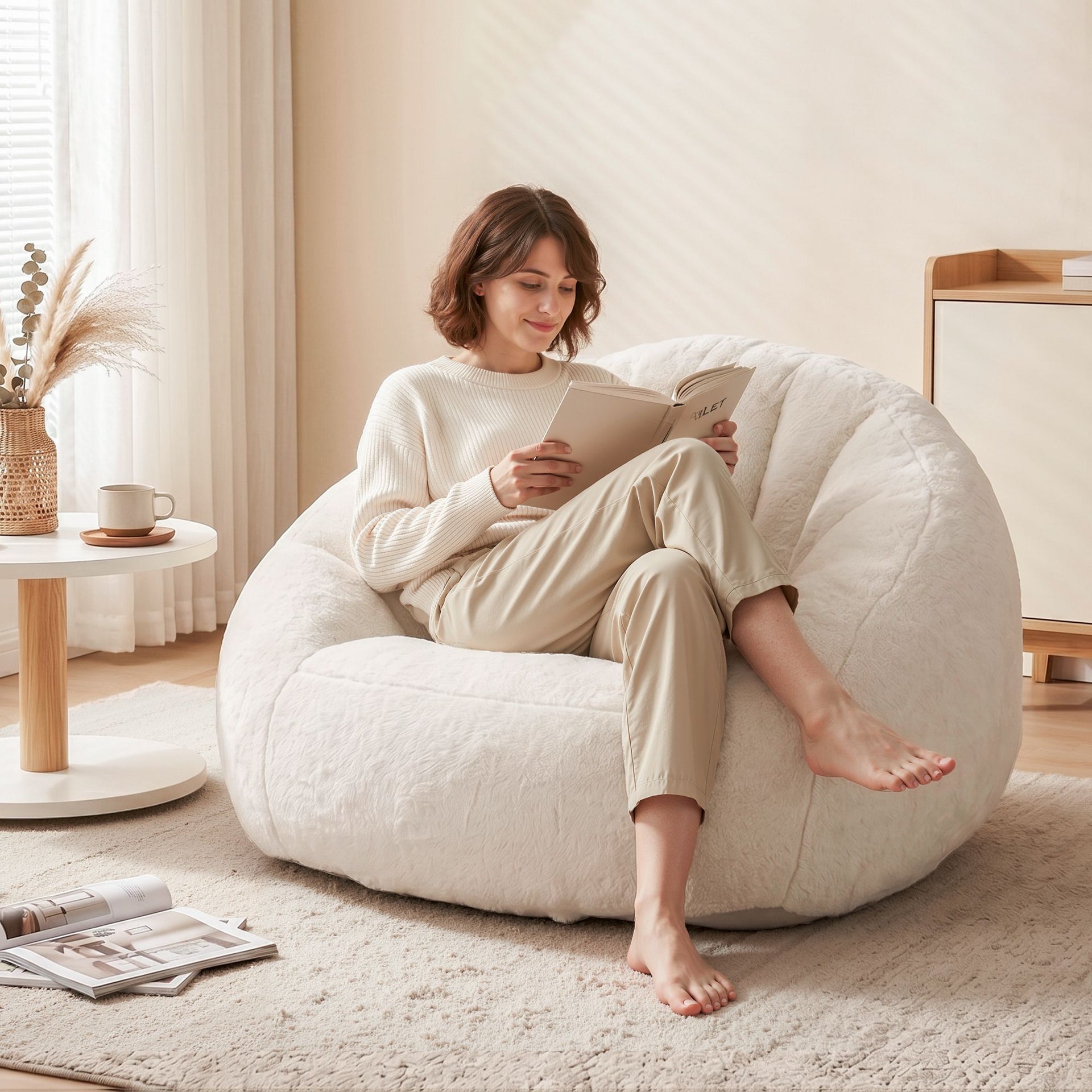 Artiss Single Small Boneless Couch Comfy Bean Bag for Living Room Faux Fur White Awezingly