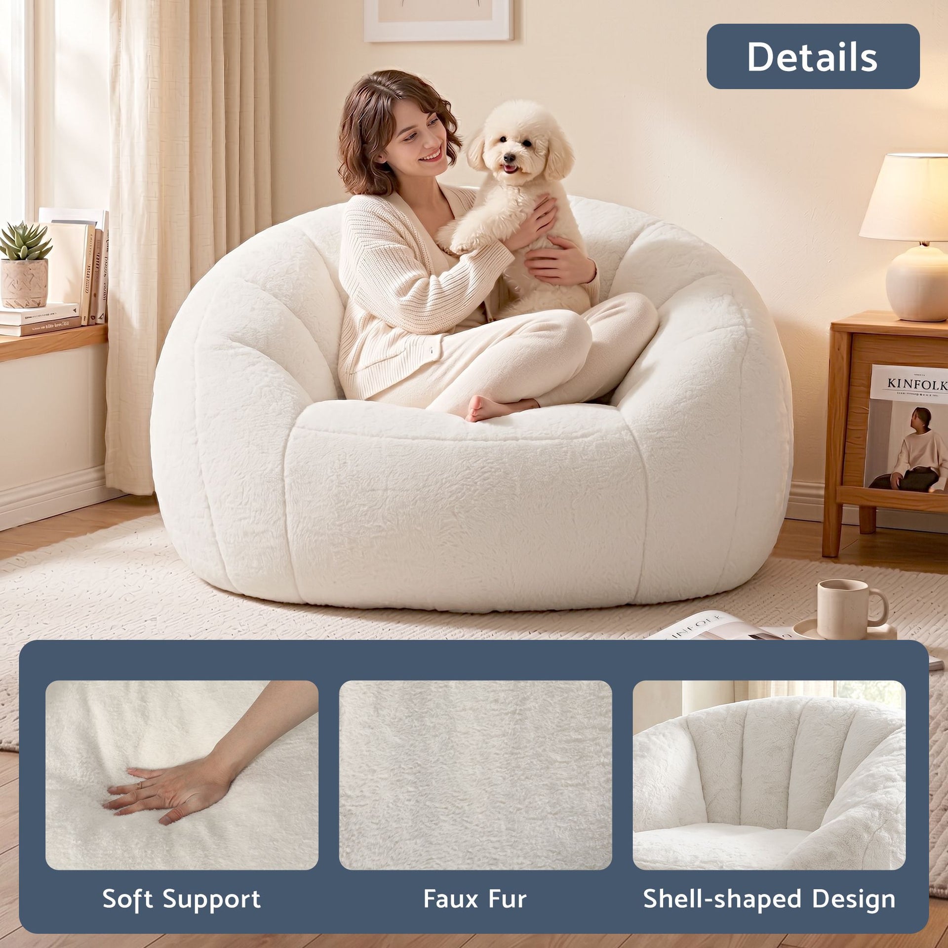 Artiss Single Small Boneless Couch Comfy Bean Bag for Living Room Faux Fur White Awezingly
