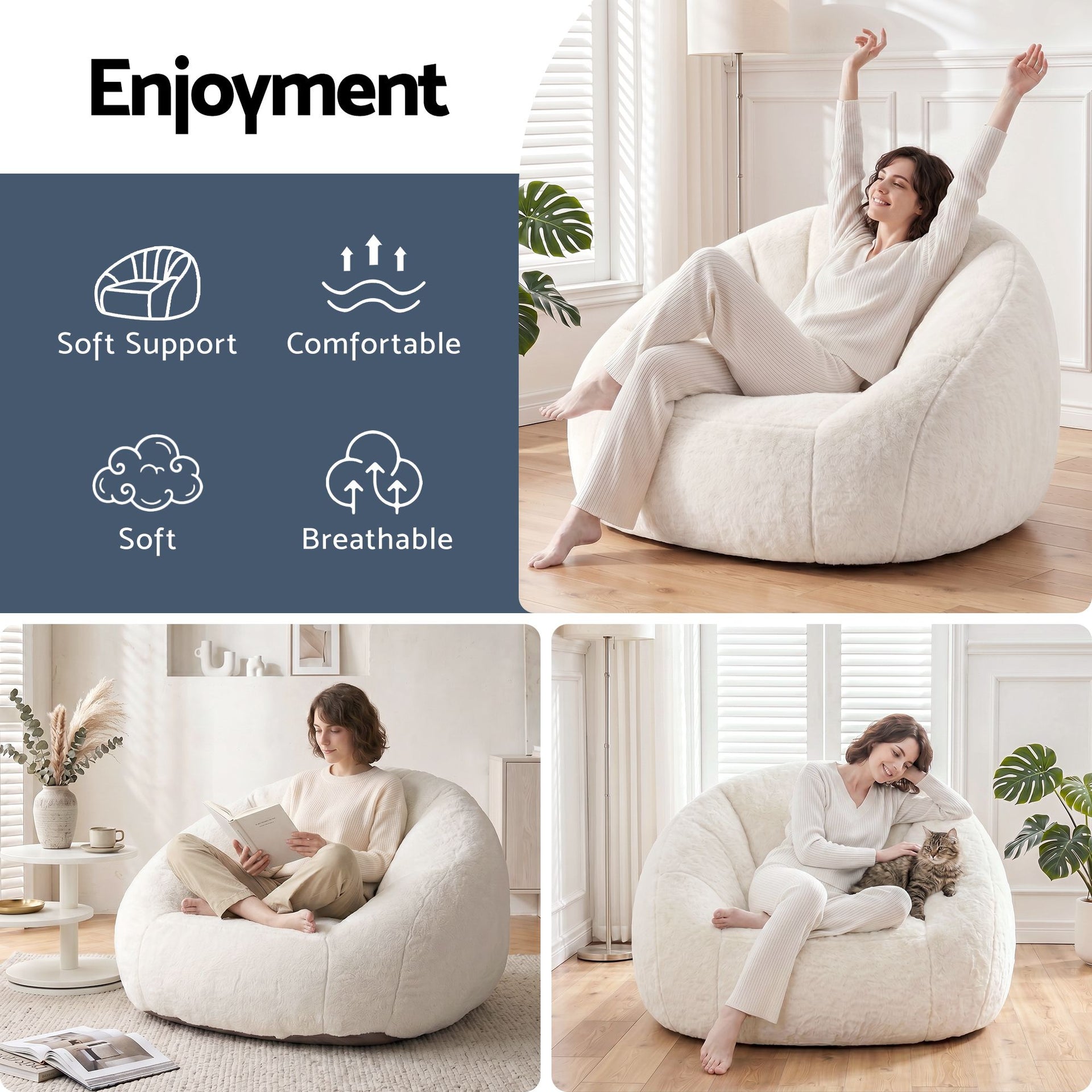 Artiss Single Small Boneless Couch Comfy Bean Bag for Living Room Faux Fur White Awezingly
