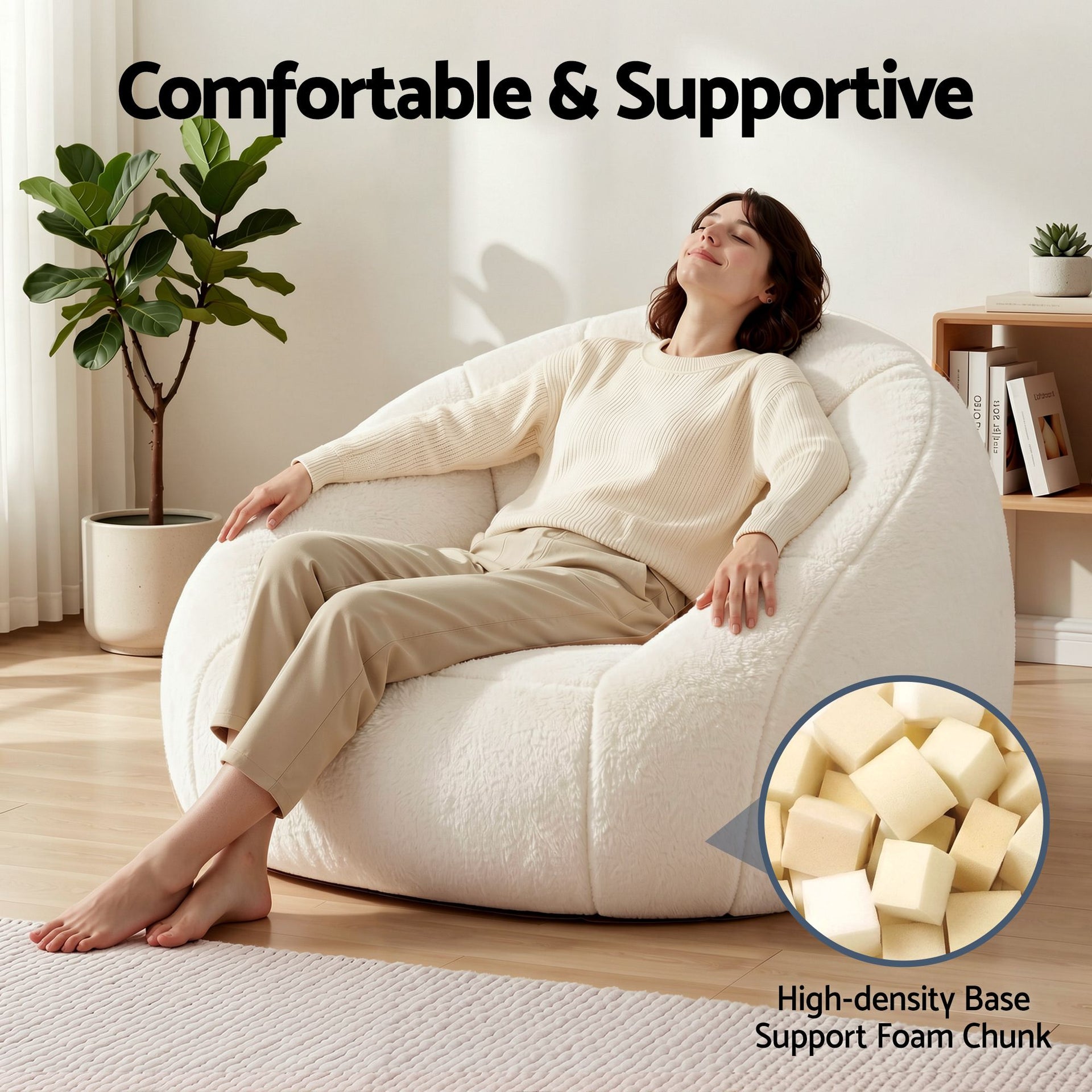 Artiss Single Small Boneless Couch Comfy Bean Bag for Living Room Faux Fur White Awezingly