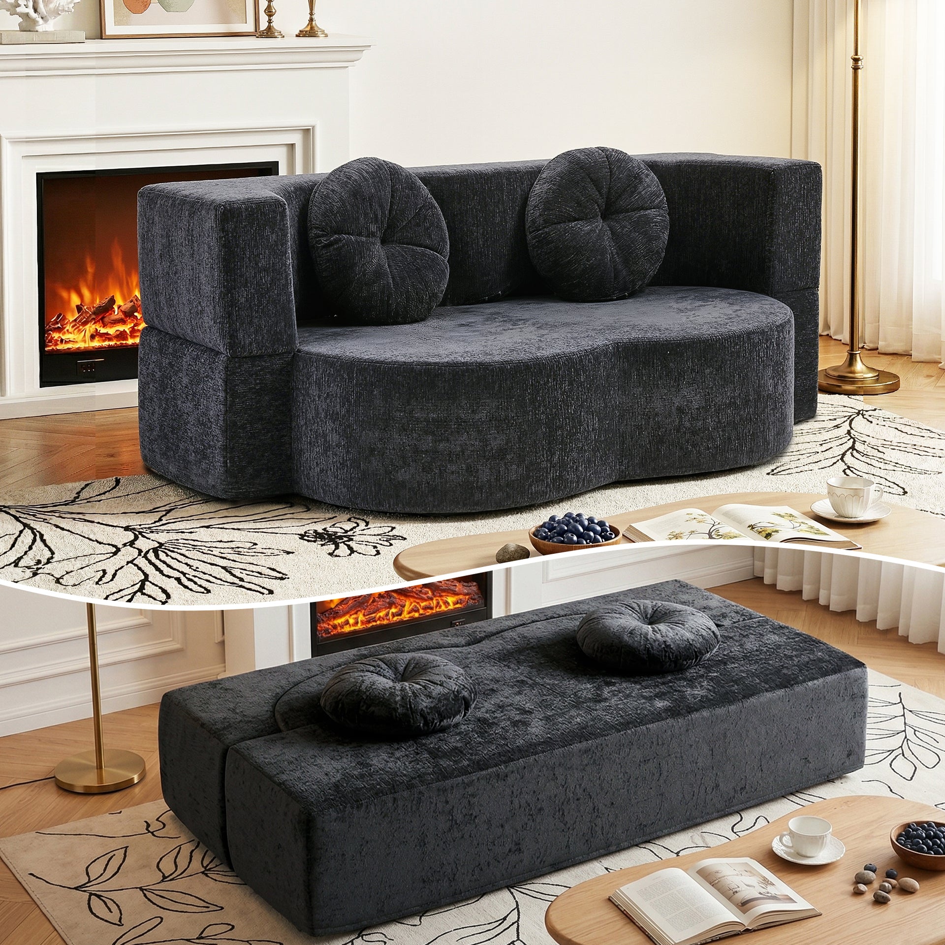 Artiss 2 in 1 Convertible Compressed Sofa Bed, Folding Boneless Sofabed for Living Room ,Comfort Curved Sleeper Couch with High Density Sponge, Apartment Essentials, No Assembly, 2 Pillows, Grey Awezingly