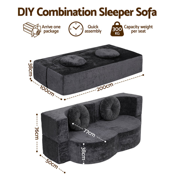 Artiss 2 in 1 Convertible Compressed Sofa Bed, Folding Boneless Sofabed for Living Room ,Comfort Curved Sleeper Couch with High Density Sponge, Apartment Essentials, No Assembly, 2 Pillows, Grey Awezingly