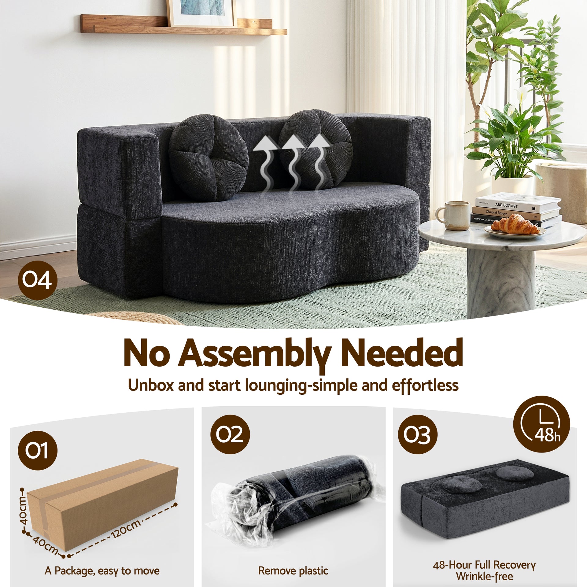 Artiss 2 in 1 Convertible Compressed Sofa Bed, Folding Boneless Sofabed for Living Room ,Comfort Curved Sleeper Couch with High Density Sponge, Apartment Essentials, No Assembly, 2 Pillows, Grey Awezingly