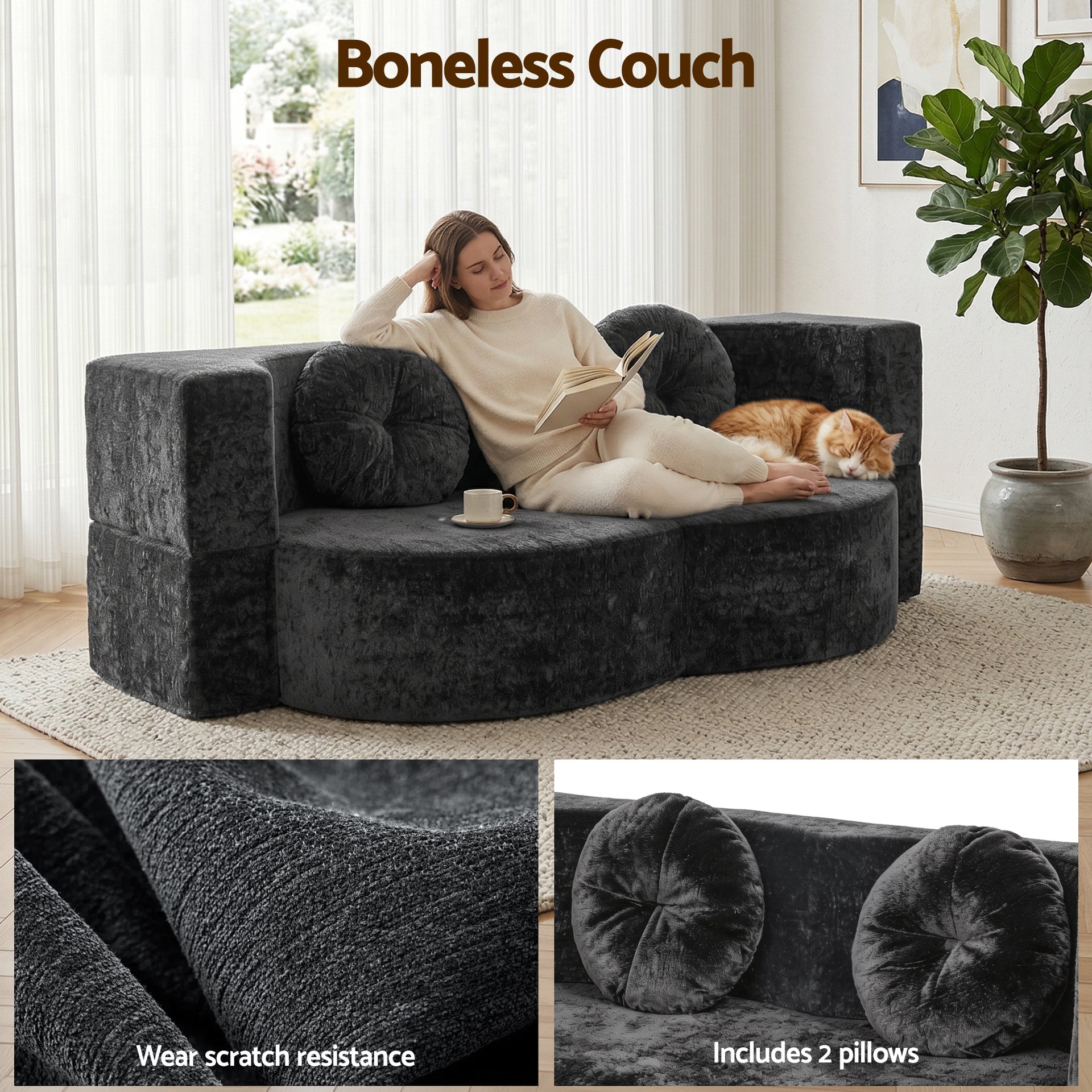 Artiss 2 in 1 Convertible Compressed Sofa Bed, Folding Boneless Sofabed for Living Room ,Comfort Curved Sleeper Couch with High Density Sponge, Apartment Essentials, No Assembly, 2 Pillows, Grey Awezingly