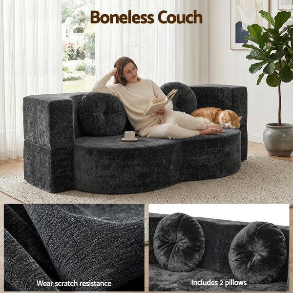 Artiss 2 in 1 Convertible Compressed Sofa Bed, Folding Boneless Sofabed for Living Room ,Comfort Curved Sleeper Couch with High Density Sponge, Apartment Essentials, No Assembly, 2 Pillows, Grey Awezingly