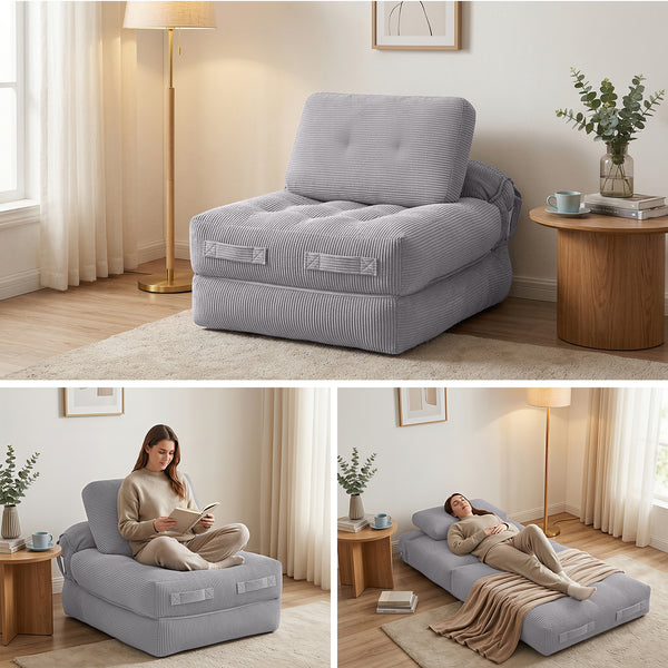 Artiss 1 Seater Corduroy Convertible Sofa Bed Pull Out Boneless Couch Grey Awezingly